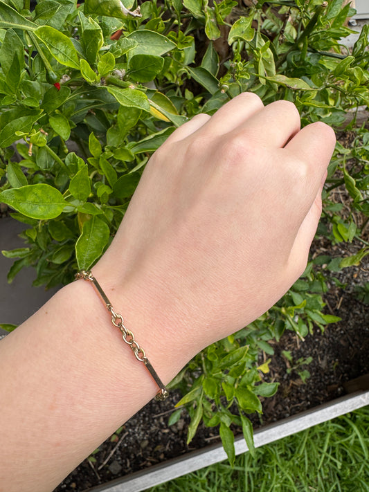 Antique 9ct rosy yellow gold bar and chain bracelet/extender with dog clip
