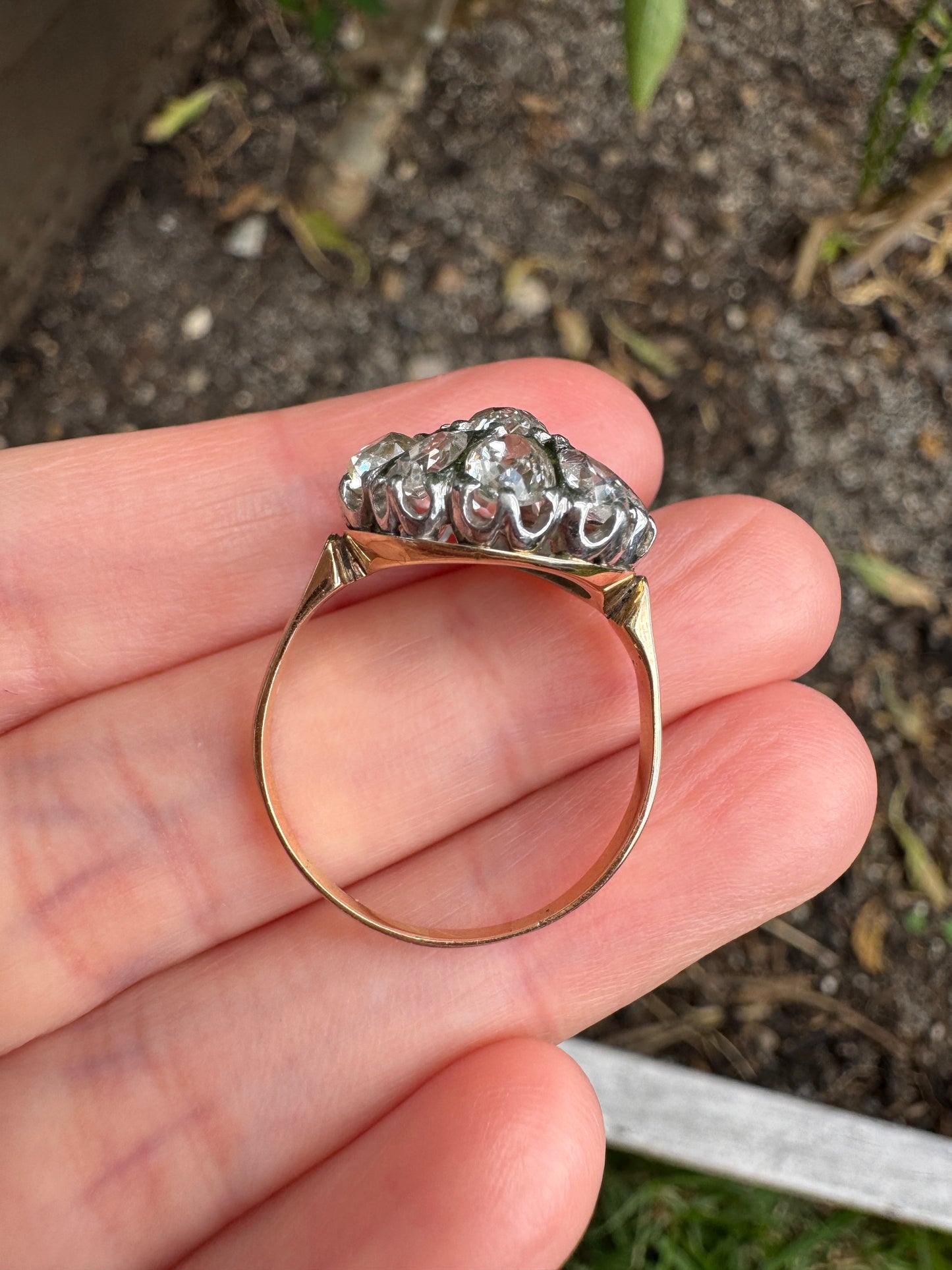 Vintage 14ct yellow gold and platinum 3.4ct TCW old pear cut and old mine cut diamond cluster ring