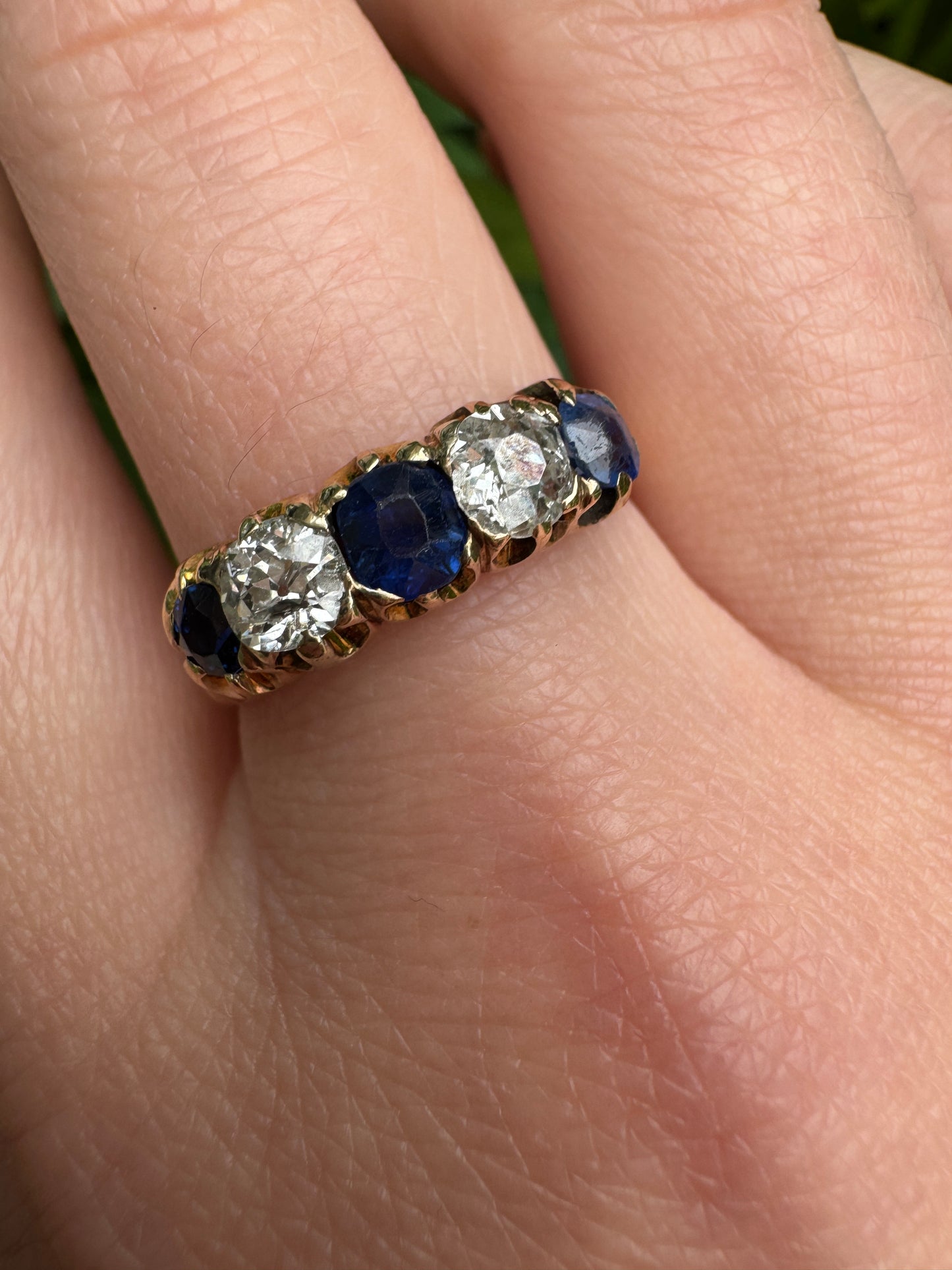 Antique 15ct yellow gold five stone 0.75ct TCW sapphire and 0.6ct TCW old mine cut diamond ring