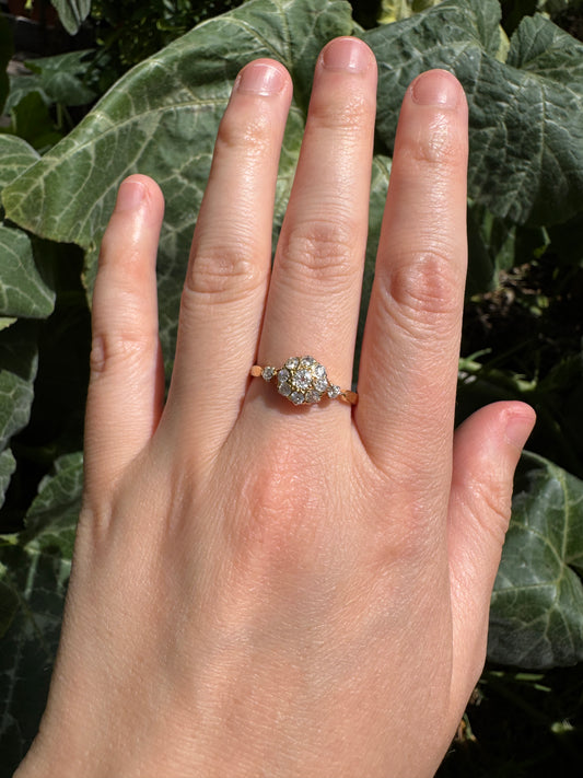 Antique 18ct yellow gold 0.55ct TCW old mine cut diamond starry cluster ring