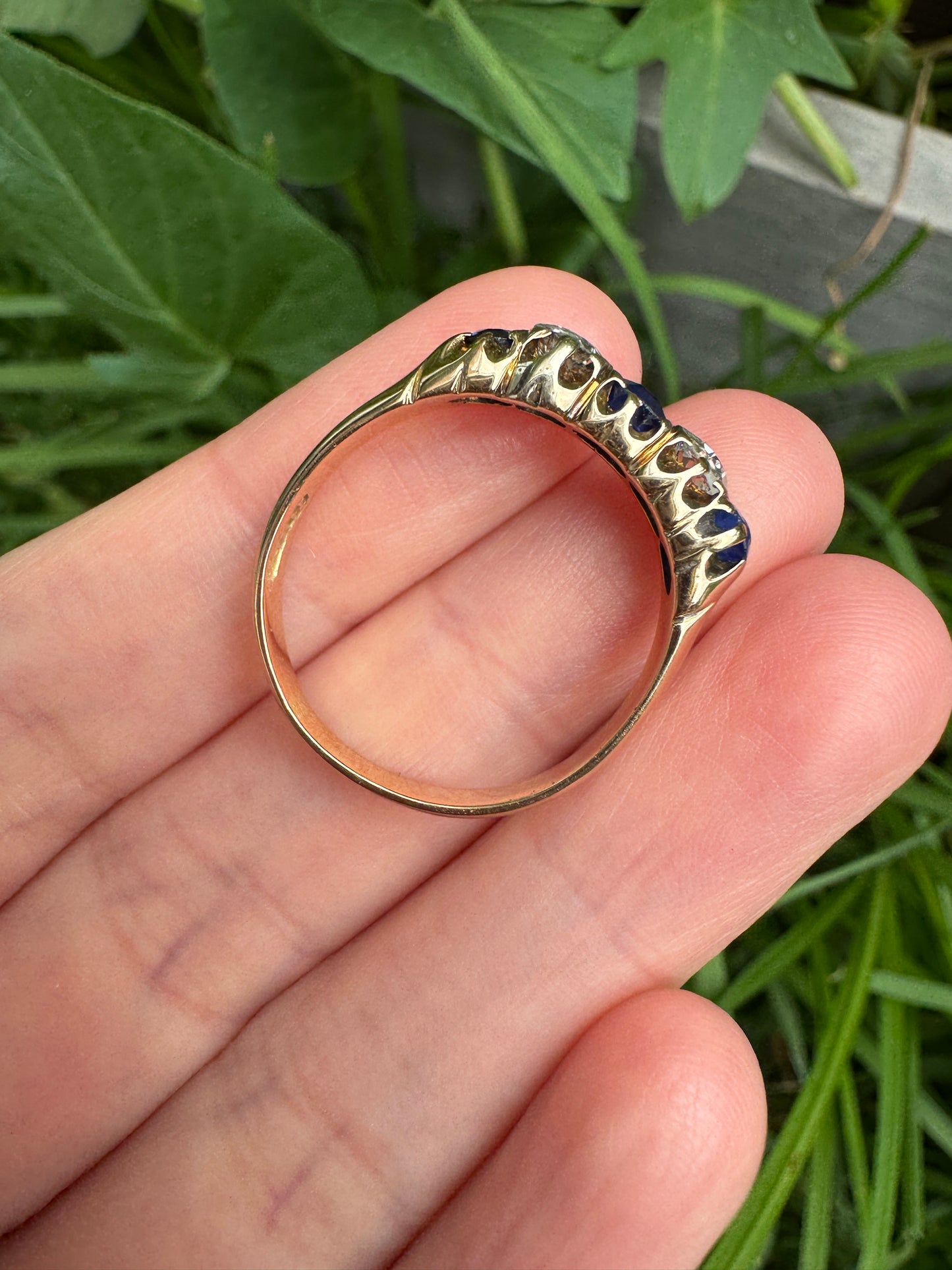Antique 15ct yellow gold five stone 0.75ct TCW sapphire and 0.6ct TCW old mine cut diamond ring