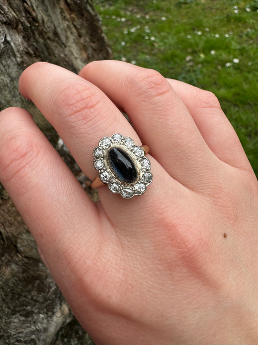 Vintage French 18ct yellow gold 2.5ct sapphire cabochon and 0.75ct TCW old mine cut natural diamond ring
