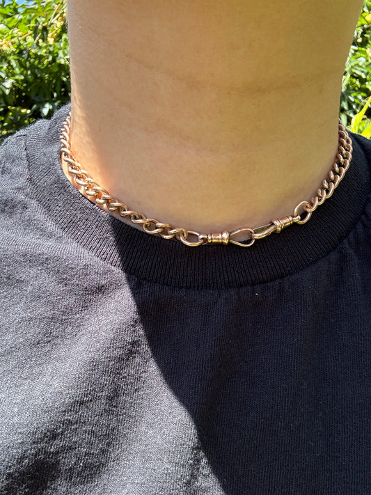 Vintage 9ct rosy yellow gold double Albert chain, 36cm / 14.2 inches long