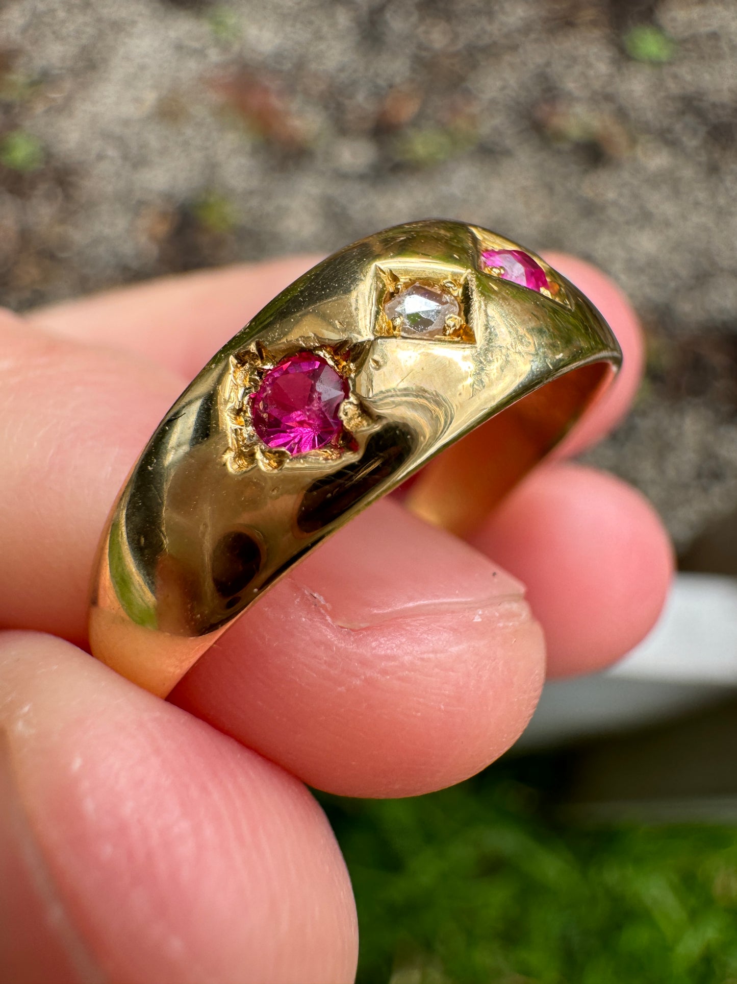 Antique Victorian 18ct yellow gold five stone rose cut diamond and pink sapphire gypsy ring