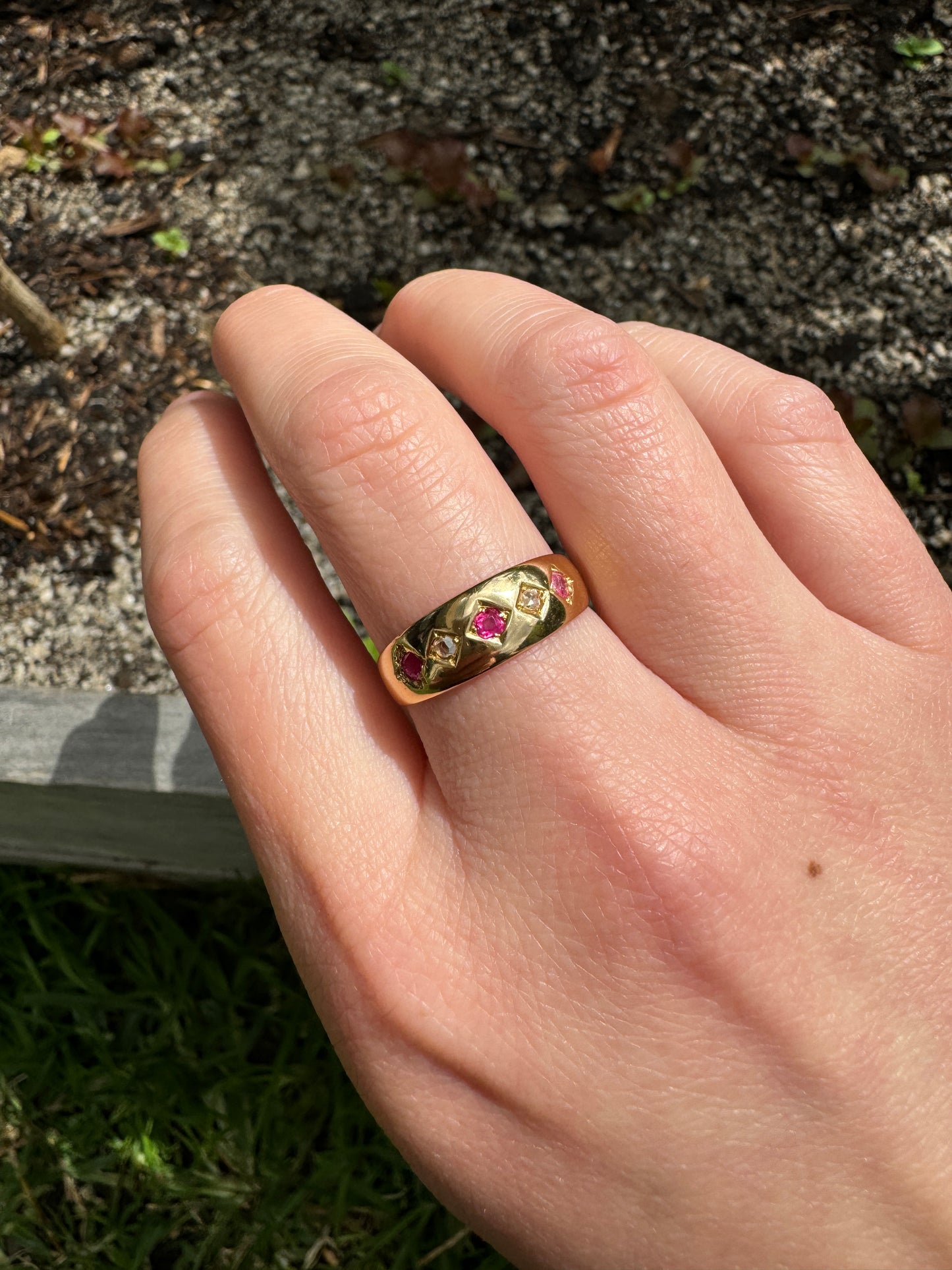 Antique Victorian 18ct yellow gold five stone rose cut diamond and pink sapphire gypsy ring