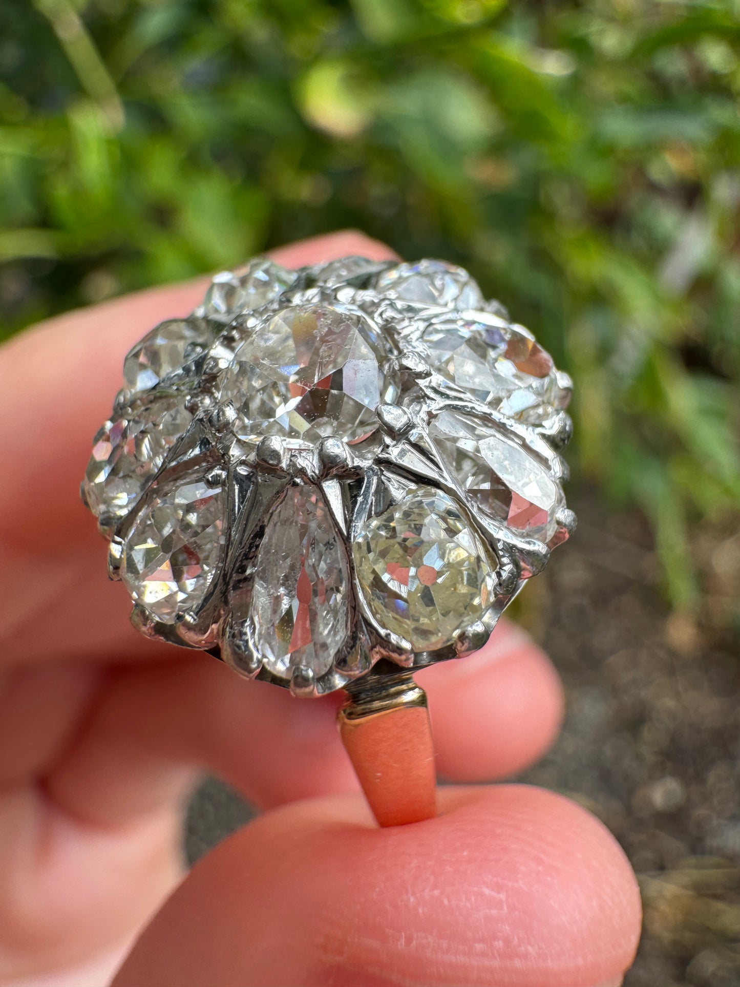 Vintage 14ct yellow gold and platinum 3.4ct TCW old pear cut and old mine cut diamond cluster ring