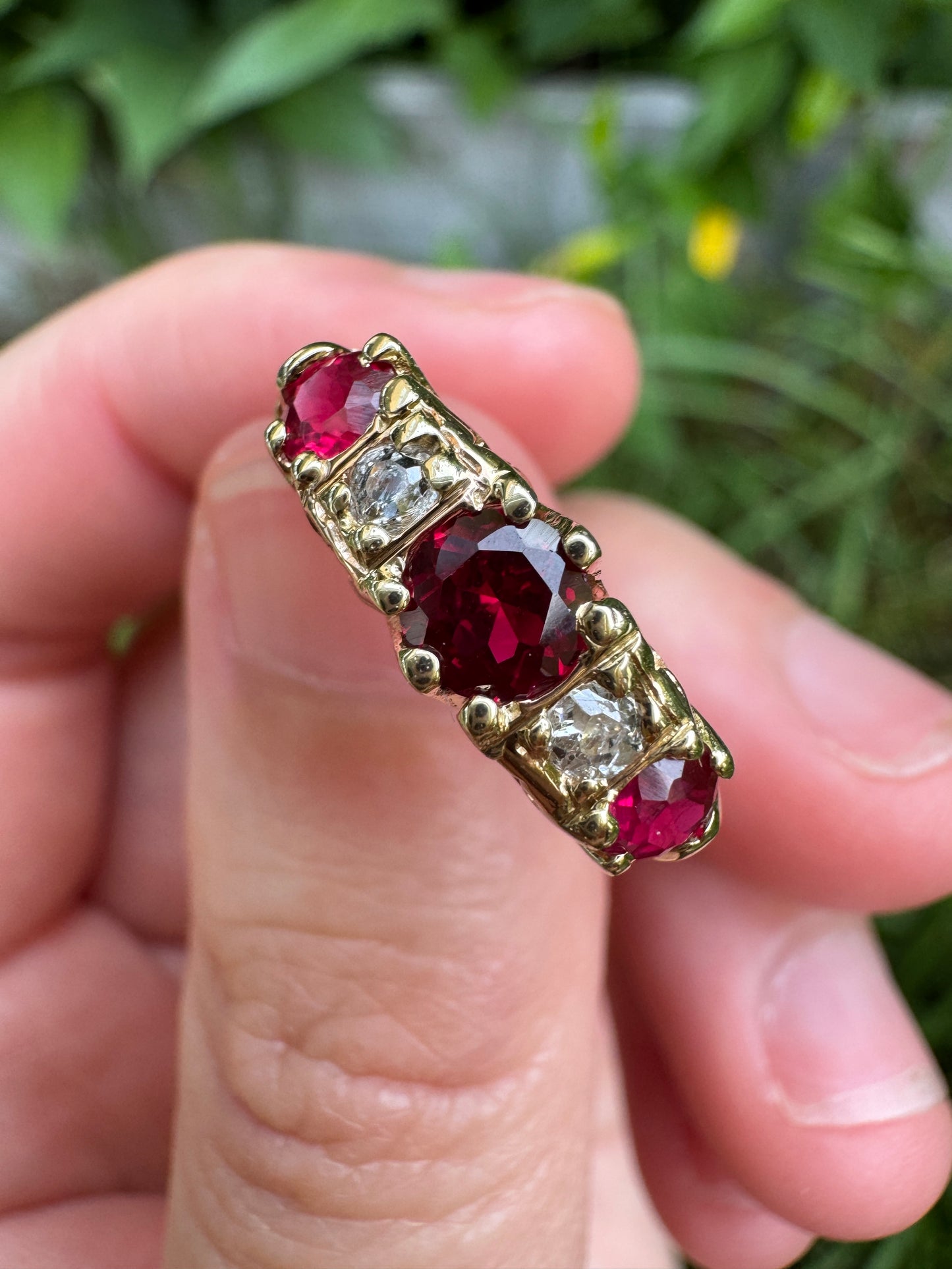 Antique Australian 15ct rosy yellow gold five stone synthetic ruby and old mine cut diamond ring