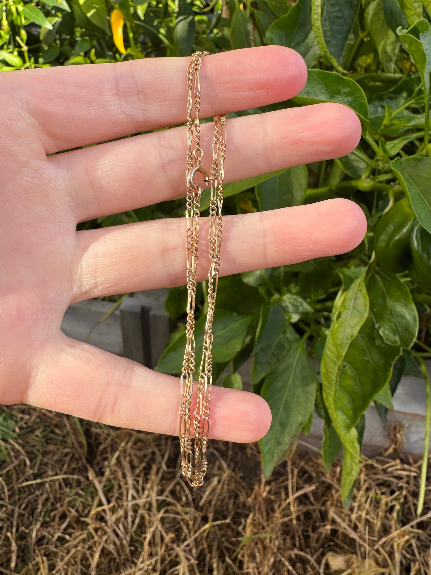 Antique 9ct rosy yellow gold figaro chain, 44.5cm / 17.52 inches long