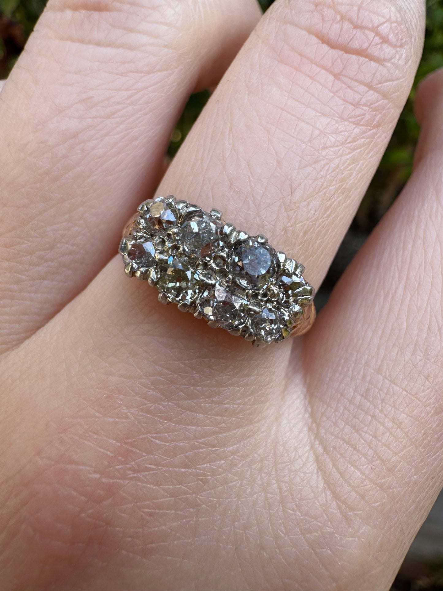 Antique 18ct yellow gold and platinum 1.1ct TCW old mine cut diamond double row ring