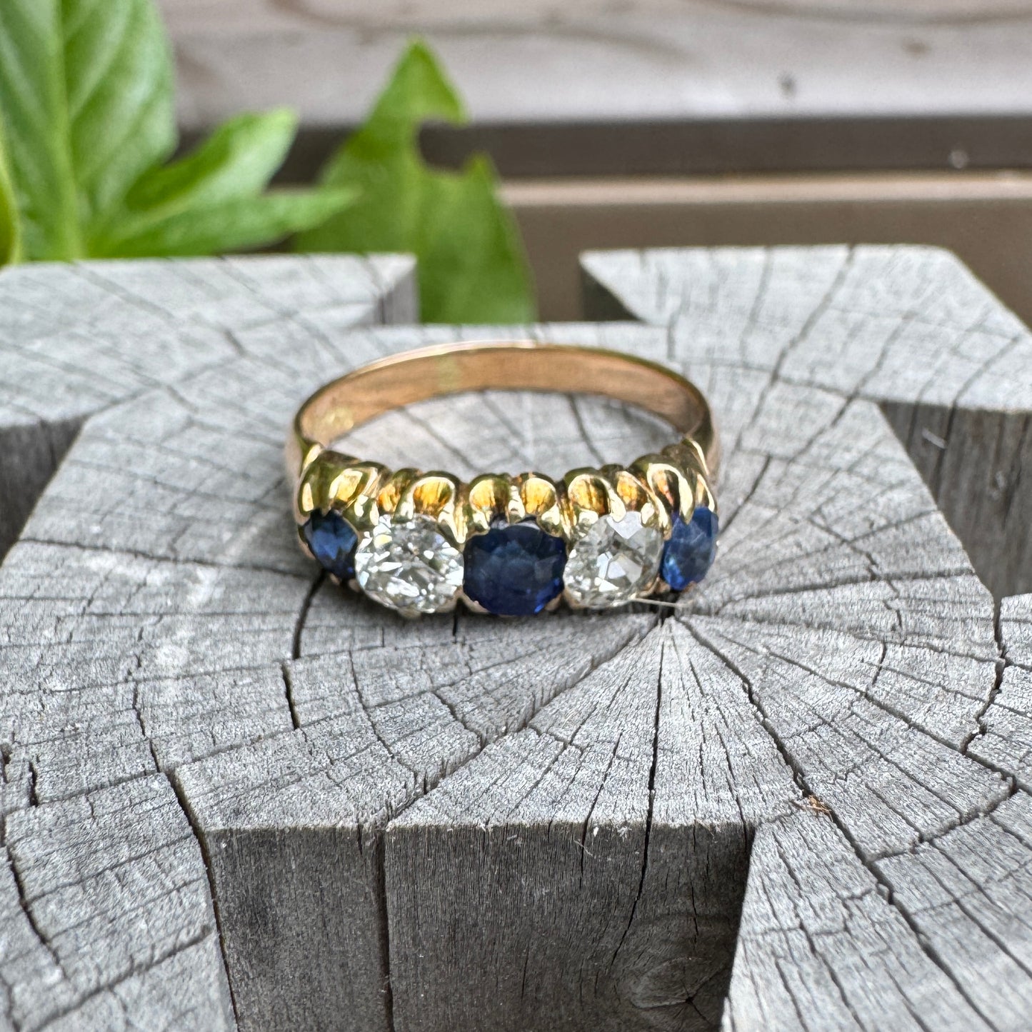 Antique 15ct yellow gold five stone 0.75ct TCW sapphire and 0.6ct TCW old mine cut diamond ring