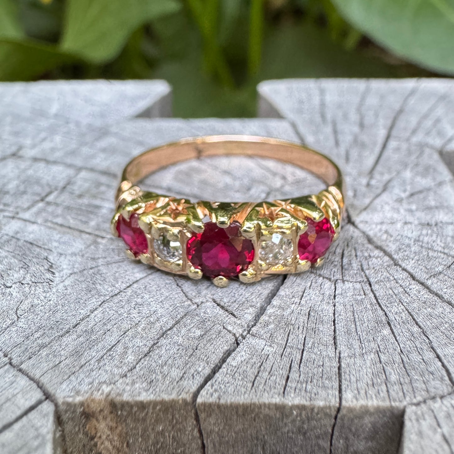 Antique Australian 15ct rosy yellow gold five stone synthetic ruby and old mine cut diamond ring