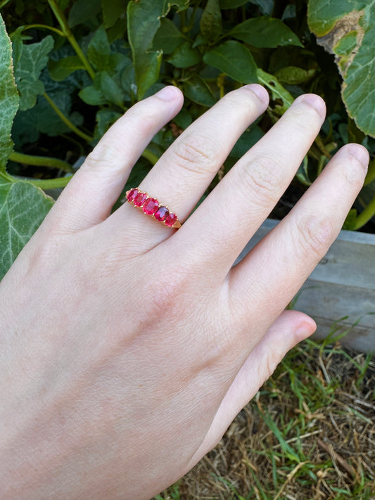 Antique 18ct yellow gold five stone 1.09ct TCW old single cut natural pink 'Jedi' spinel ring