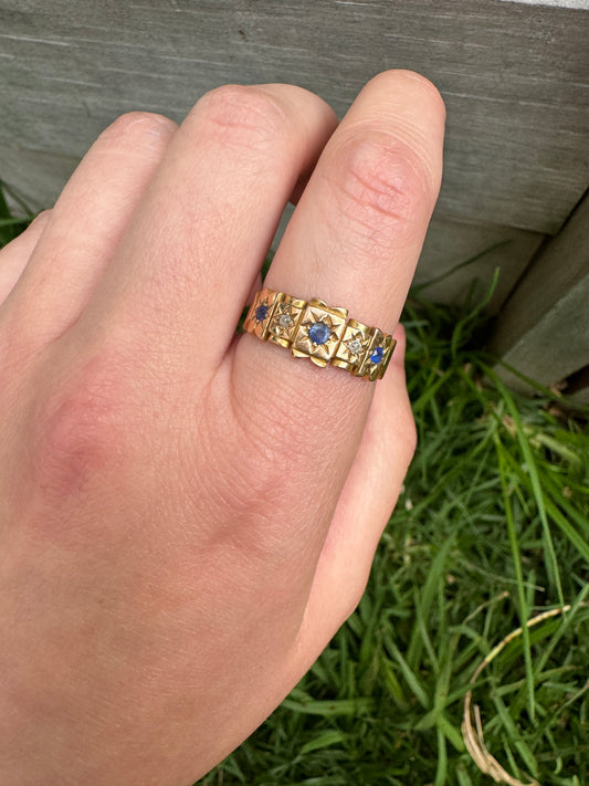 Vintage 18ct yellow gold five stone old cut sapphire and diamond starset gypsy ring