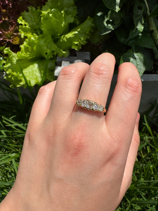 Vintage 14ct yellow gold five stone 0.75ct TCW old mine cut natural diamond ring