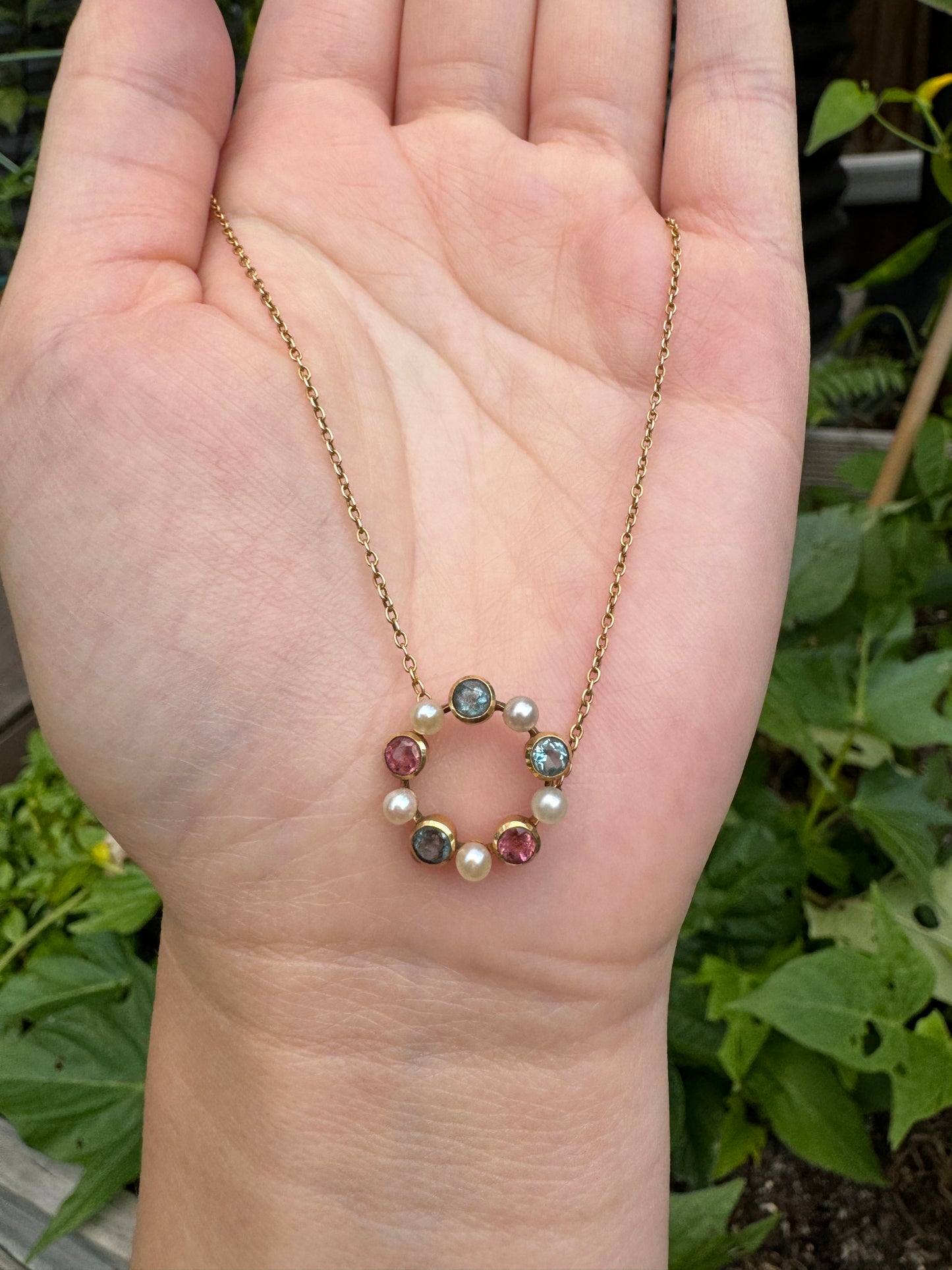 Antique 15ct yellow gold morganite, aquamarine and pearl necklace