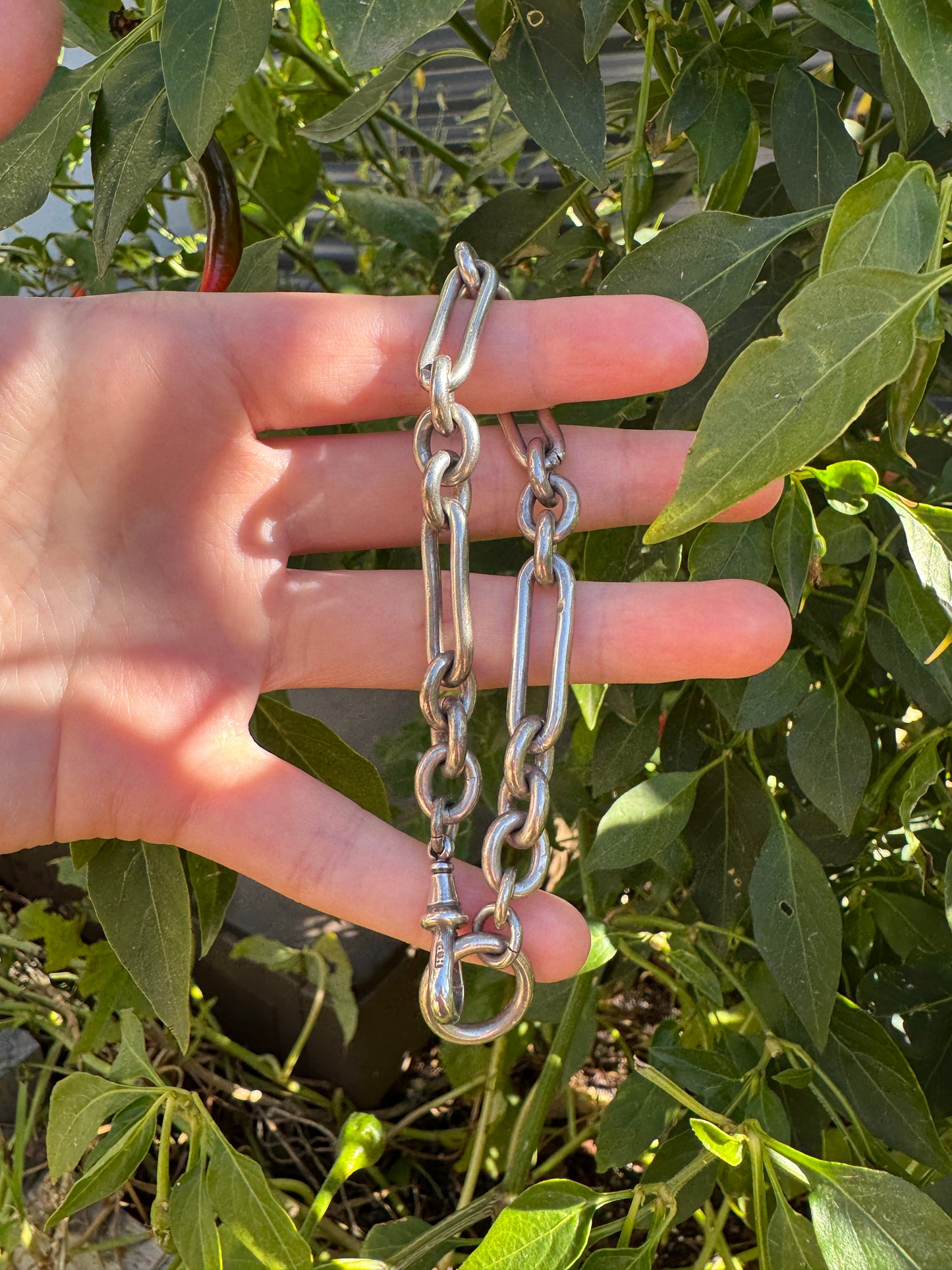 Antique silver trombone link bracelet/chain extender with dog clip, 20.5cm / 8.07 inches long