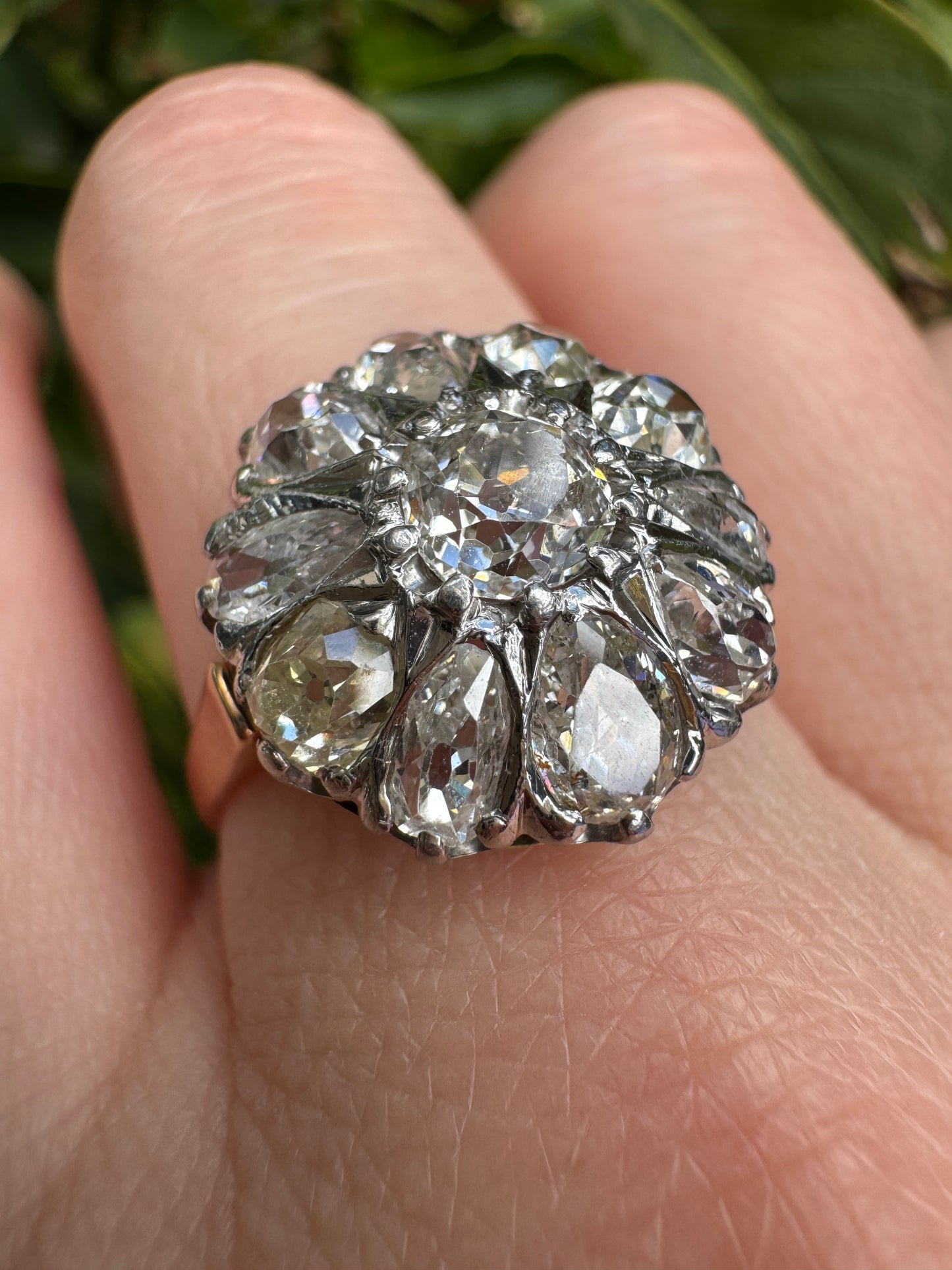 Vintage 14ct yellow gold and platinum 3.4ct TCW old pear cut and old mine cut diamond cluster ring