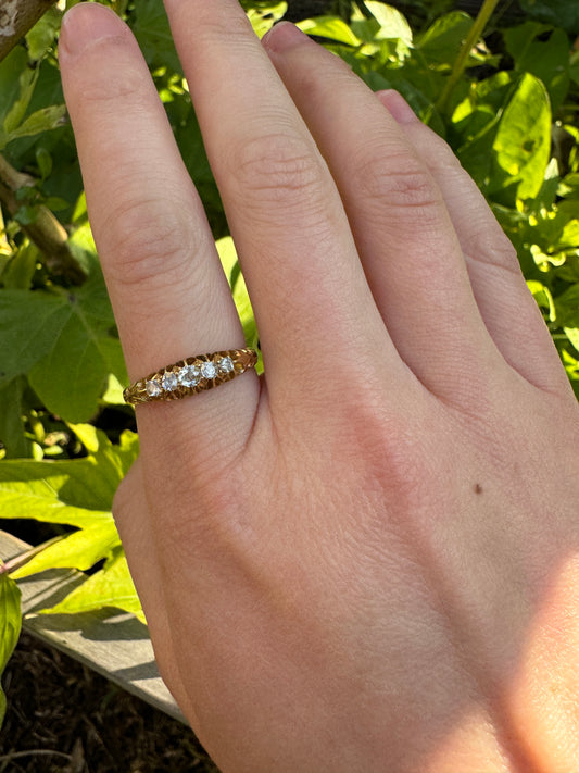 Vintage 18ct yellow gold 0.3ct TCW five stone old mine cut diamond boat ring