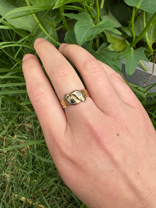 Antique Victorian 9ct yellow gold sapphire and diamond snake ring