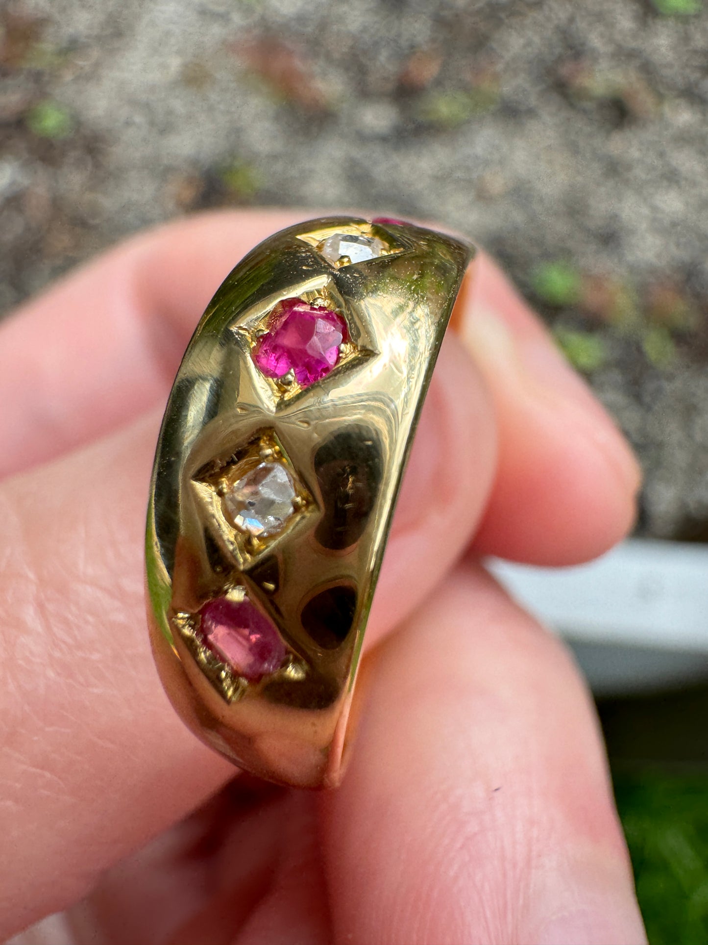 Antique Victorian 18ct yellow gold five stone rose cut diamond and pink sapphire gypsy ring