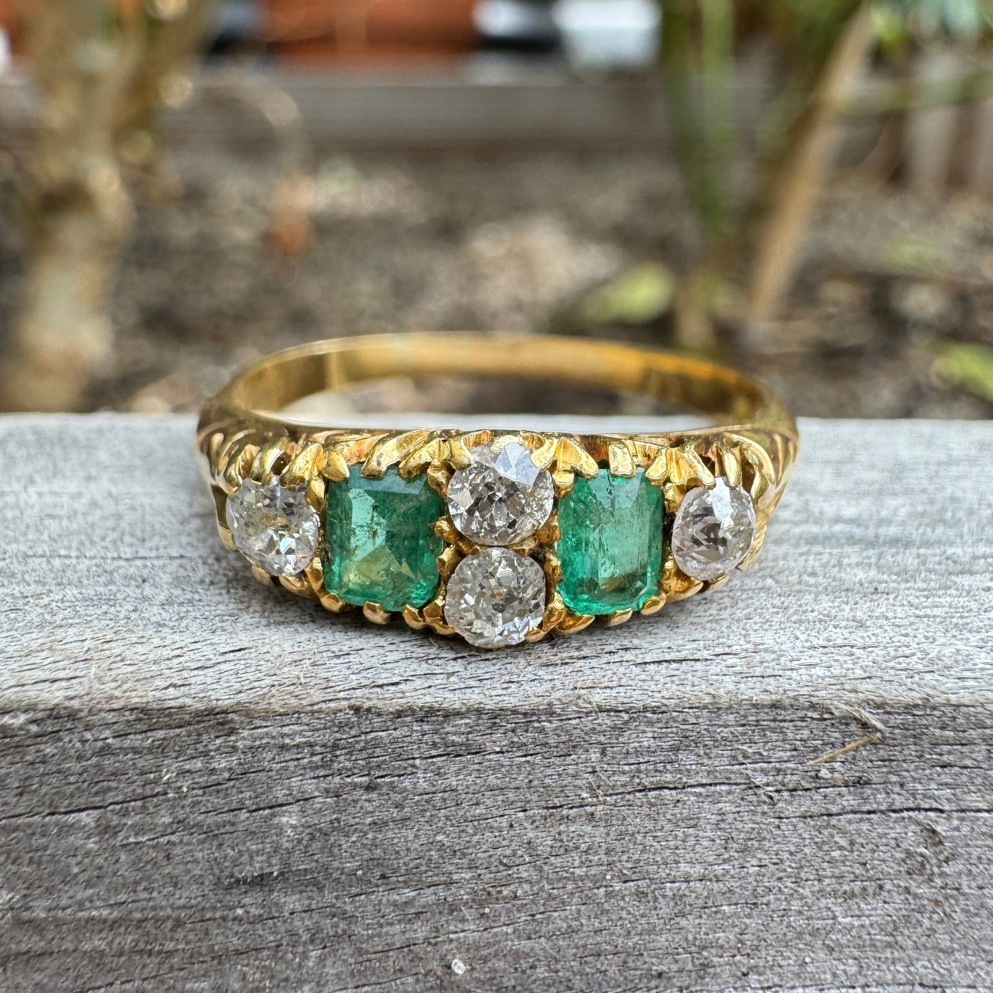 Antique Australian 18ct yellow gold 0.35ct TCW natural emerald and 0.4ct TCW old mine cut diamond ring