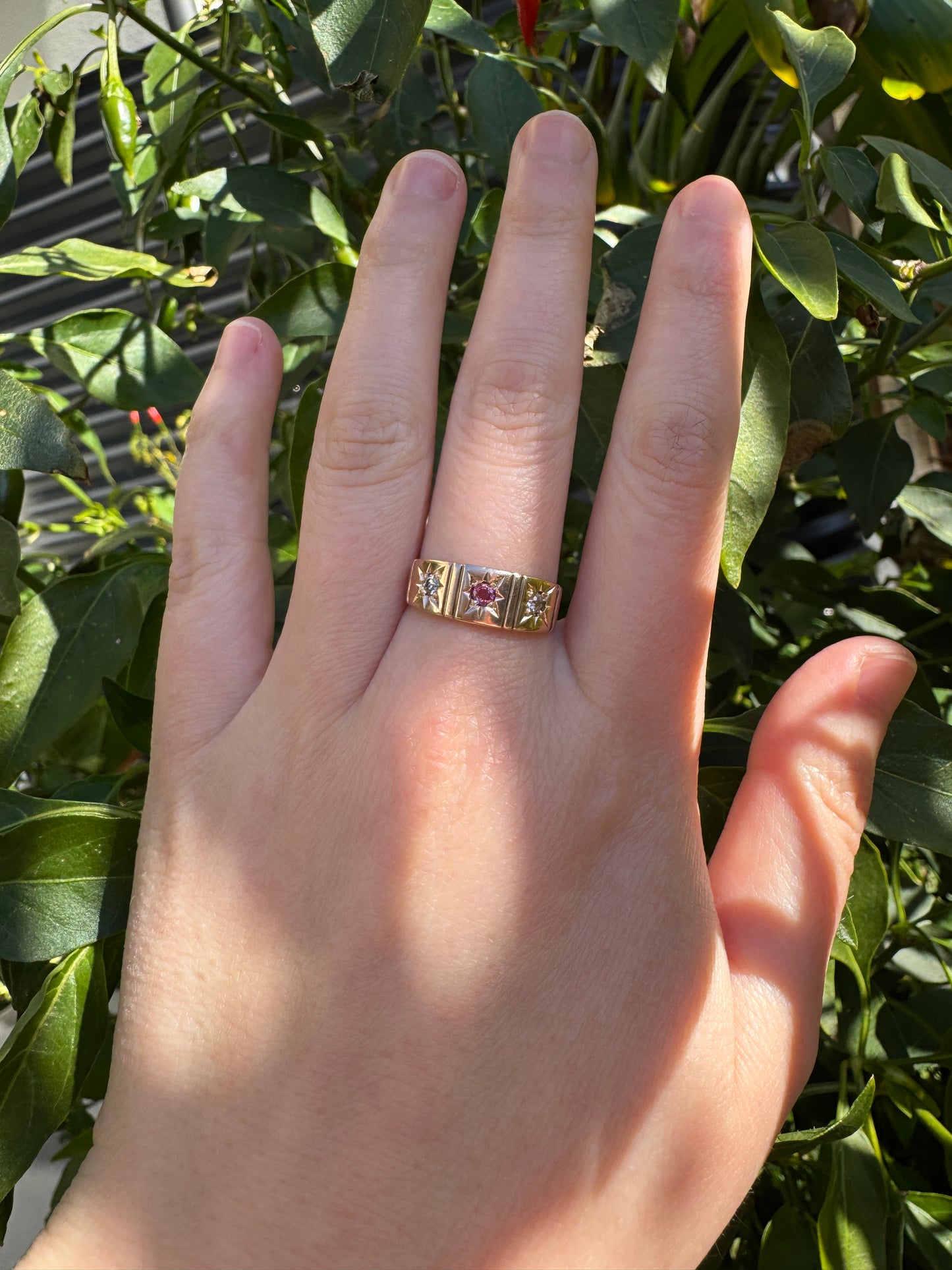 Antique Victorian 9ct rosy yellow gold three stone 0.13ct TCW old mine cut diamond and garnet starset gypsy ring