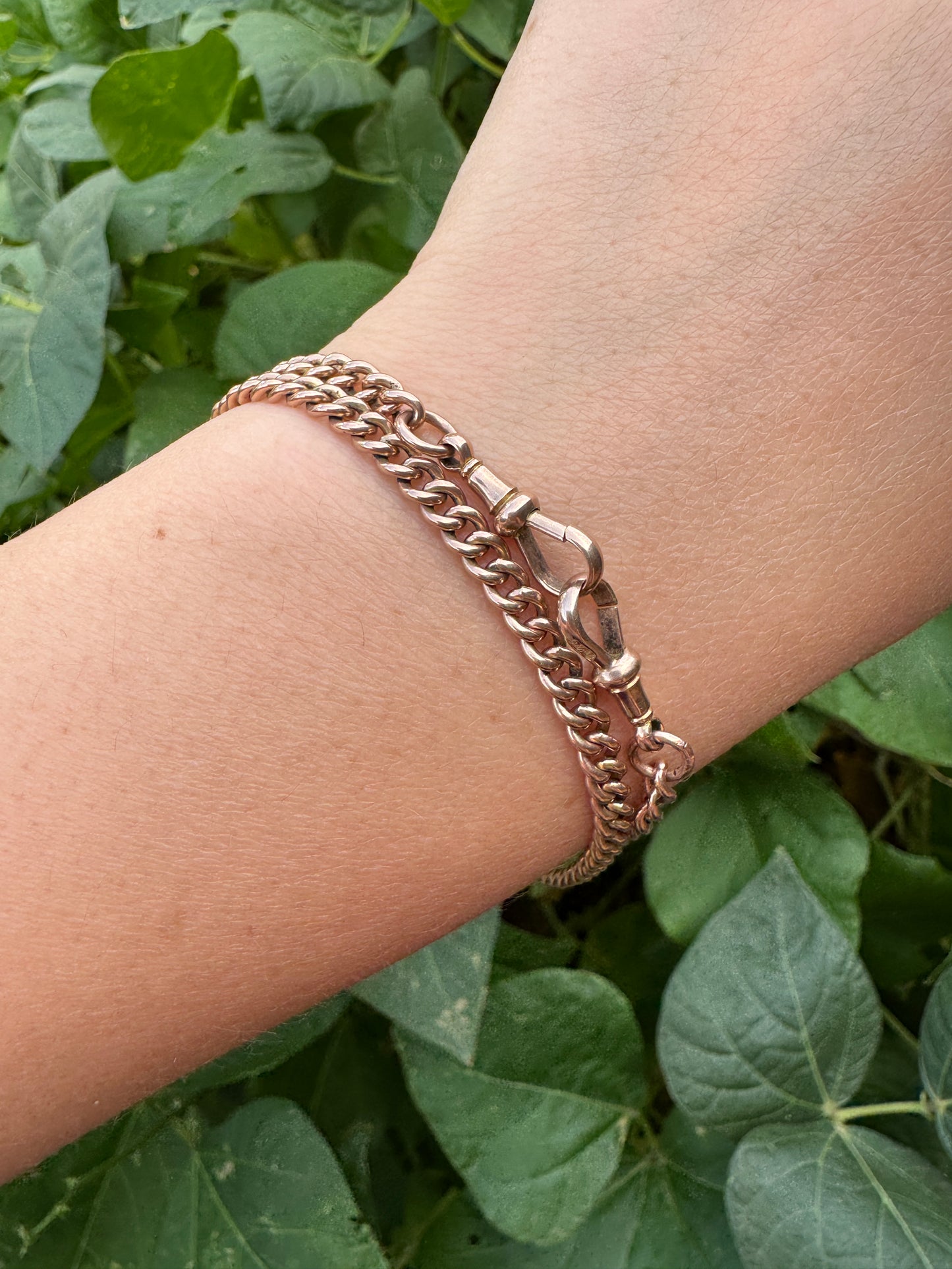 Antique 9ct rosy yellow gold double albert watch chain, 33cm / 13 inches long