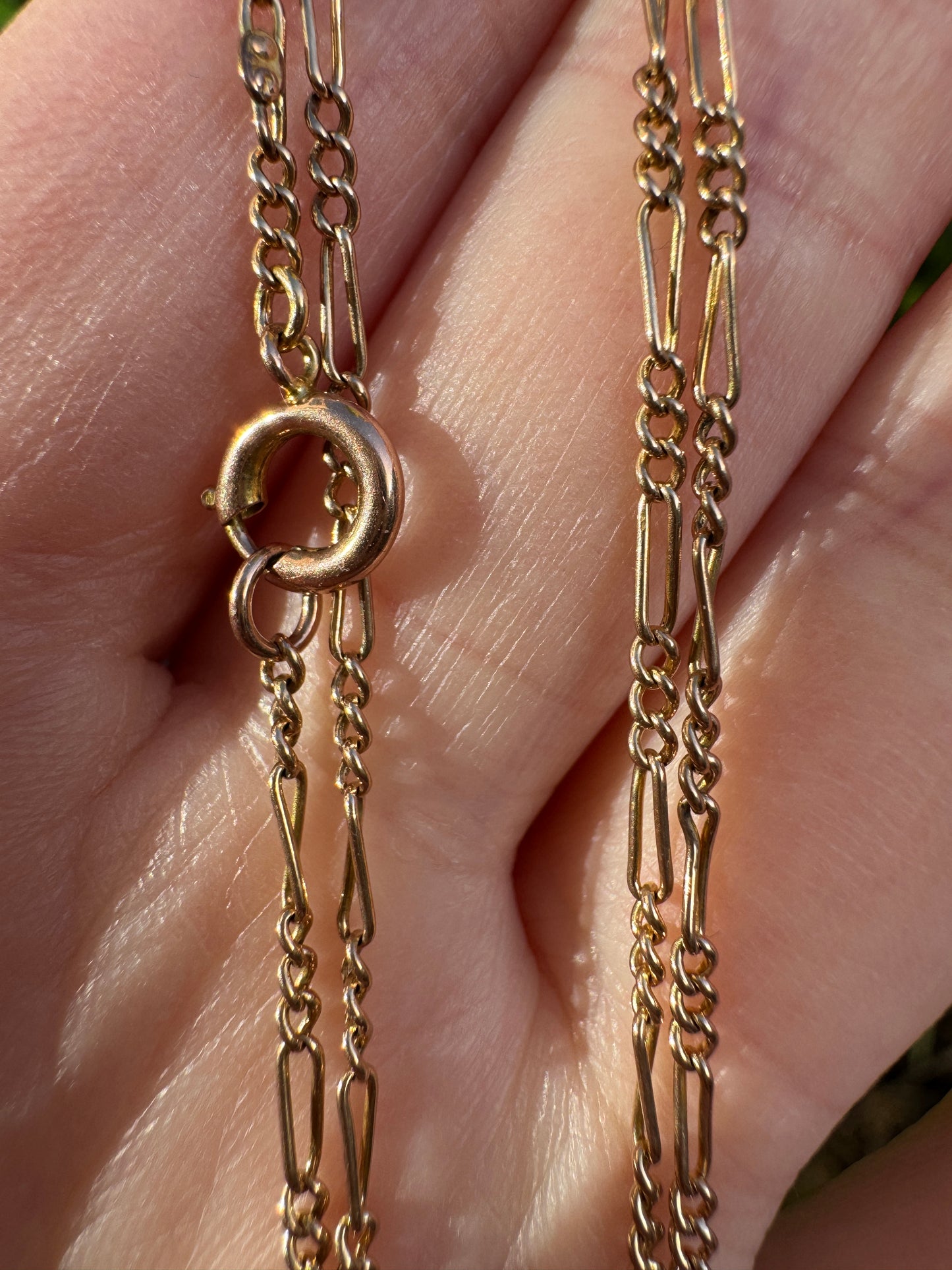 Antique 9ct rosy yellow gold figaro chain, 44.5cm / 17.52 inches long