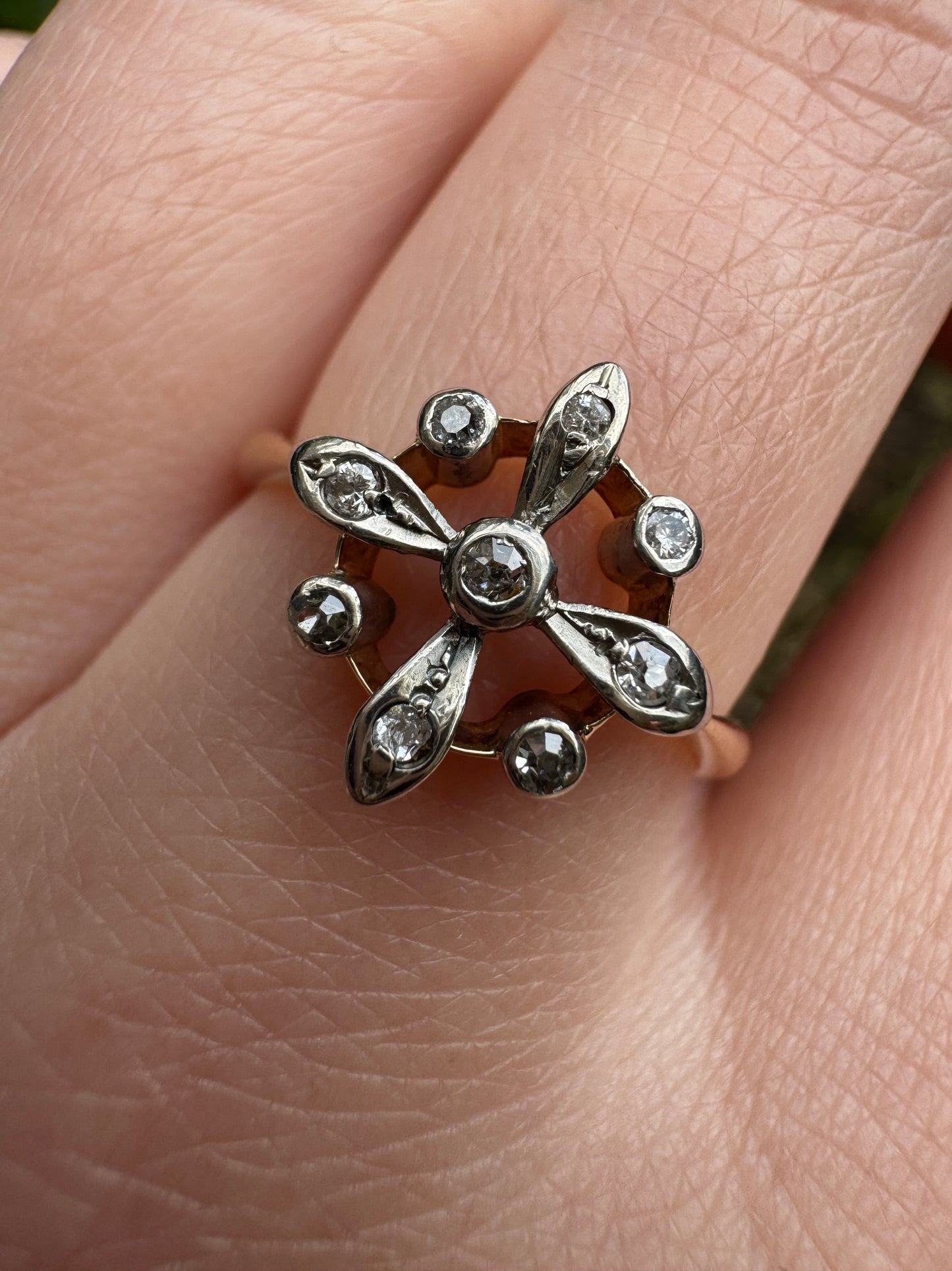 Antique 15ct yellow gold and platinum 0.14ct TCW old single cut diamond ring