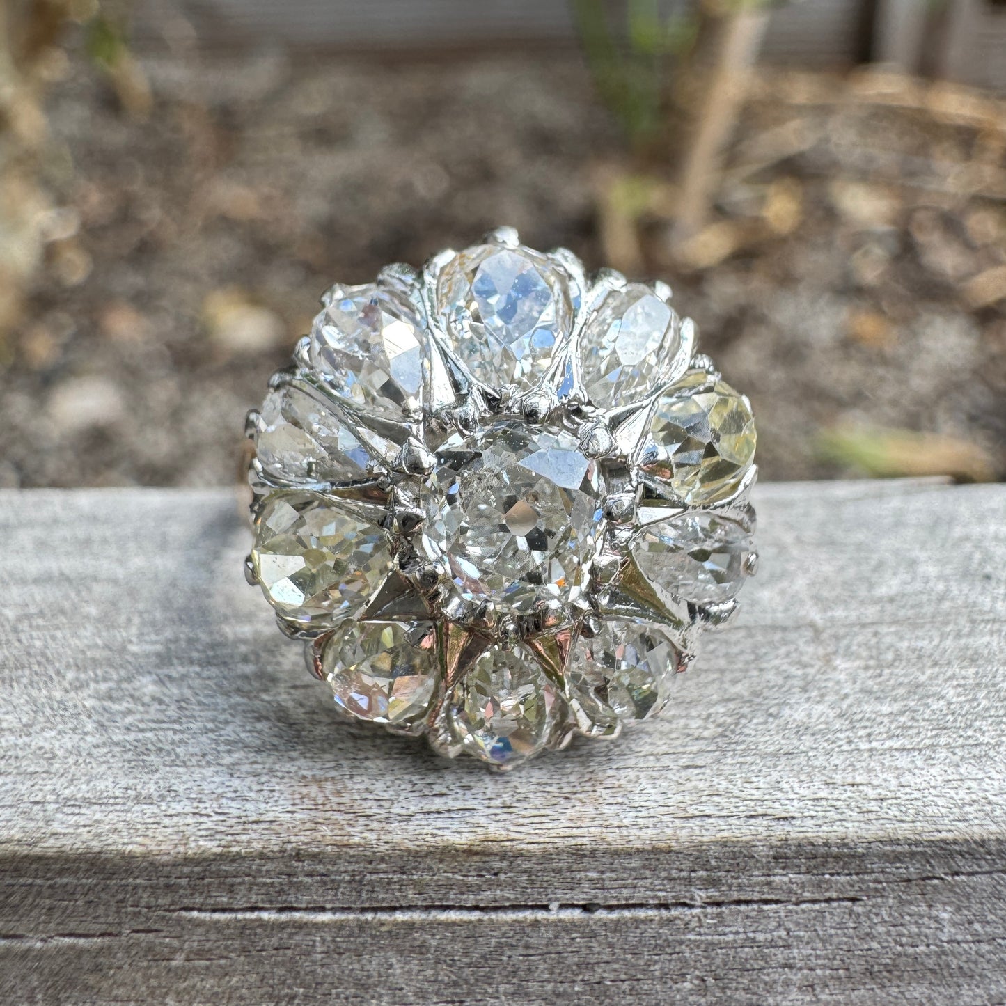 Vintage 14ct yellow gold and platinum 3.4ct TCW old pear cut and old mine cut diamond cluster ring