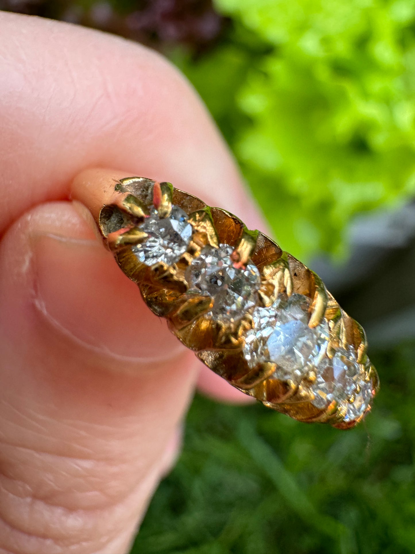 Antique 18ct yellow gold five stone 0.5ct TCW old European and old mine cut natural diamond boat ring