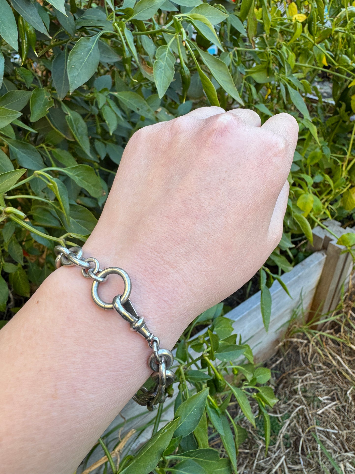 Antique silver trombone link bracelet/chain extender with dog clip, 20.5cm / 8.07 inches long