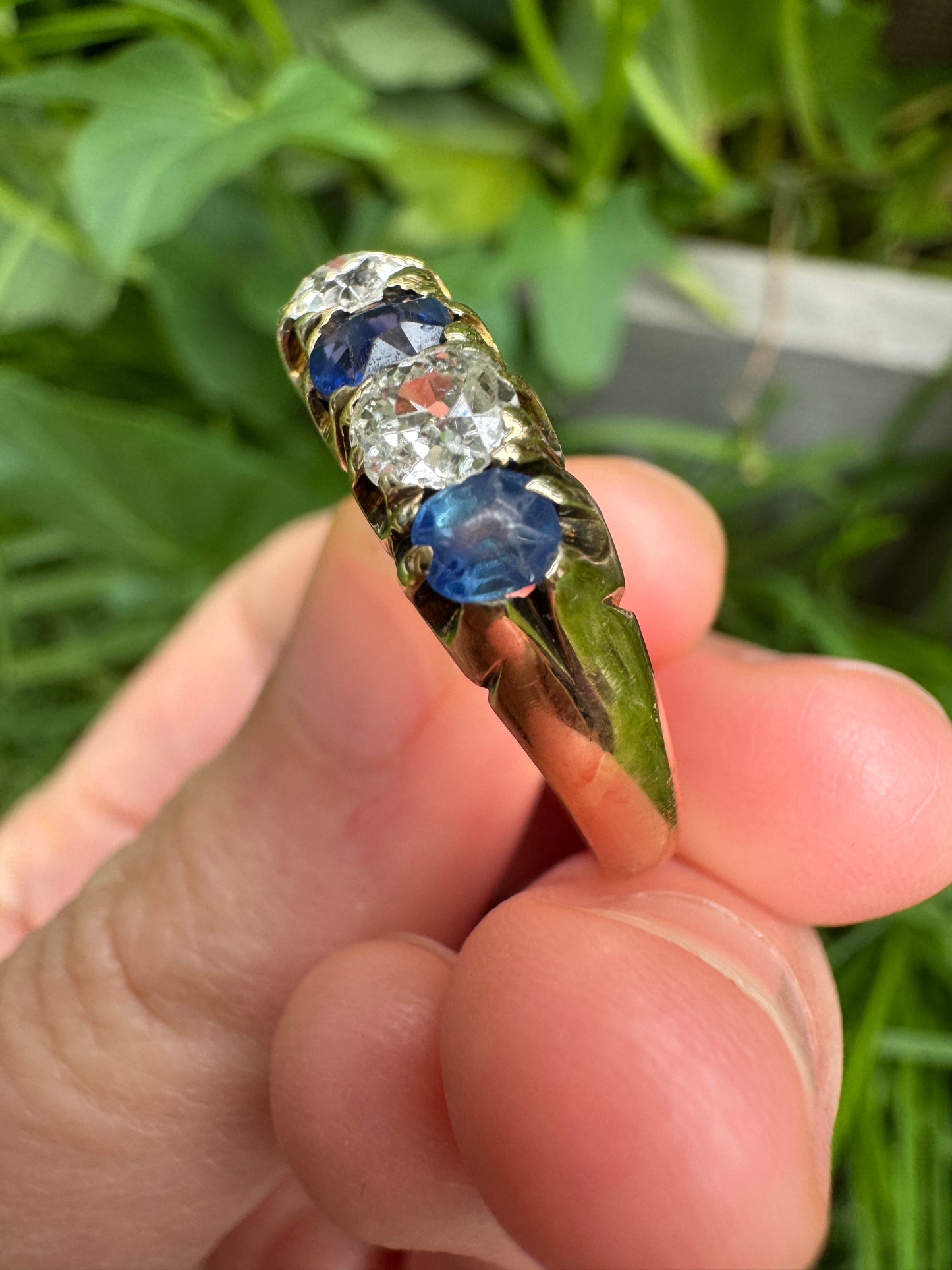 Antique 15ct yellow gold five stone 0.75ct TCW sapphire and 0.6ct TCW old mine cut diamond ring