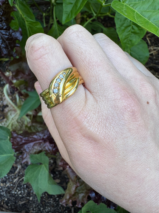 Antique 18ct yellow gold 0.15ct TCW old mine cut and single cut diamond snake ring