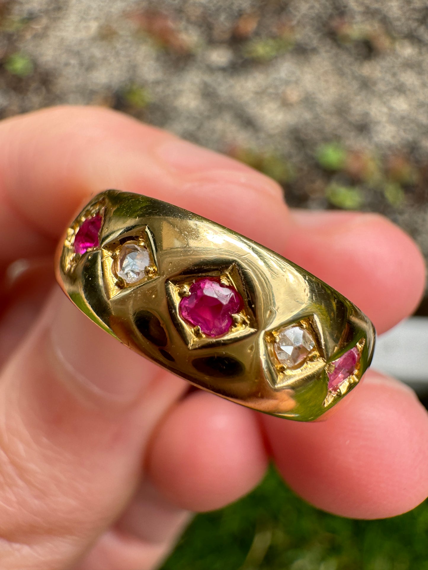 Antique Victorian 18ct yellow gold five stone rose cut diamond and pink sapphire gypsy ring