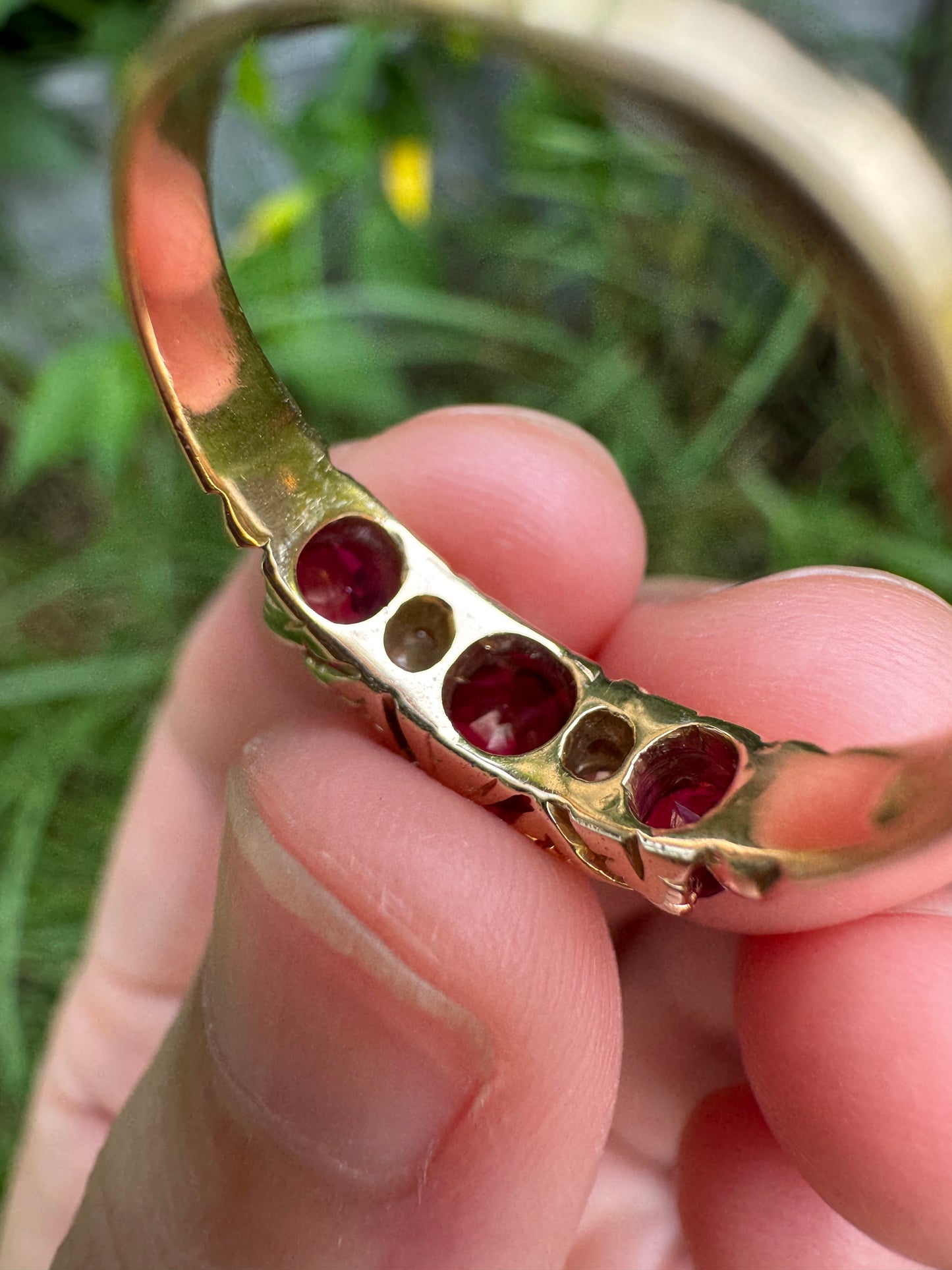 Antique Australian 15ct rosy yellow gold five stone synthetic ruby and old mine cut diamond ring