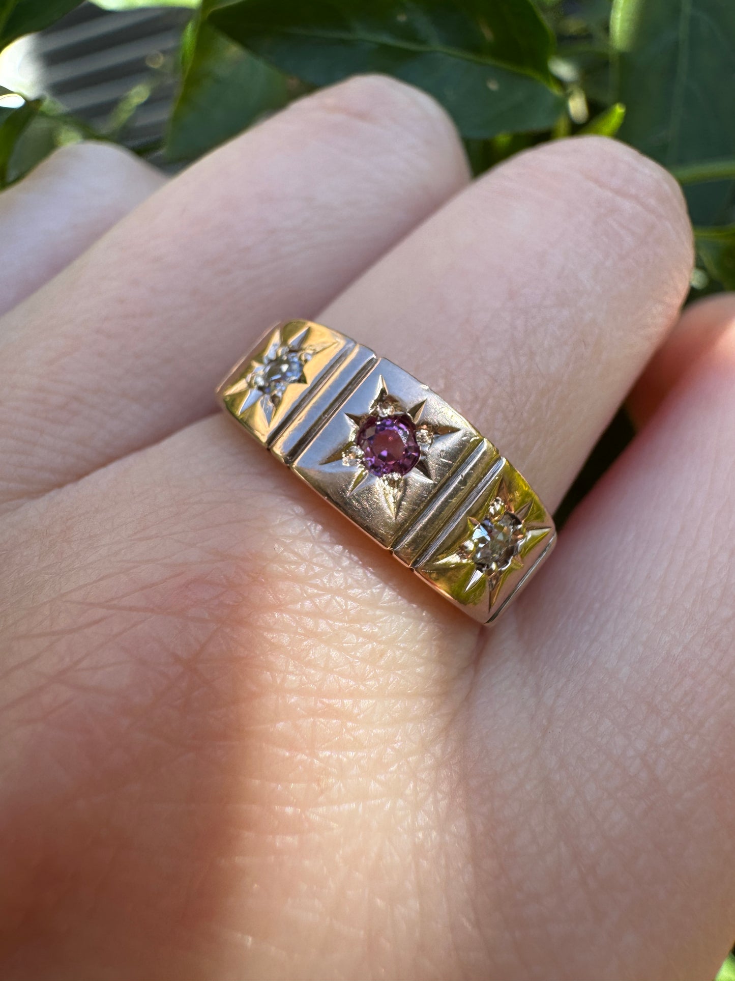 Antique Victorian 9ct rosy yellow gold three stone 0.13ct TCW old mine cut diamond and garnet starset gypsy ring
