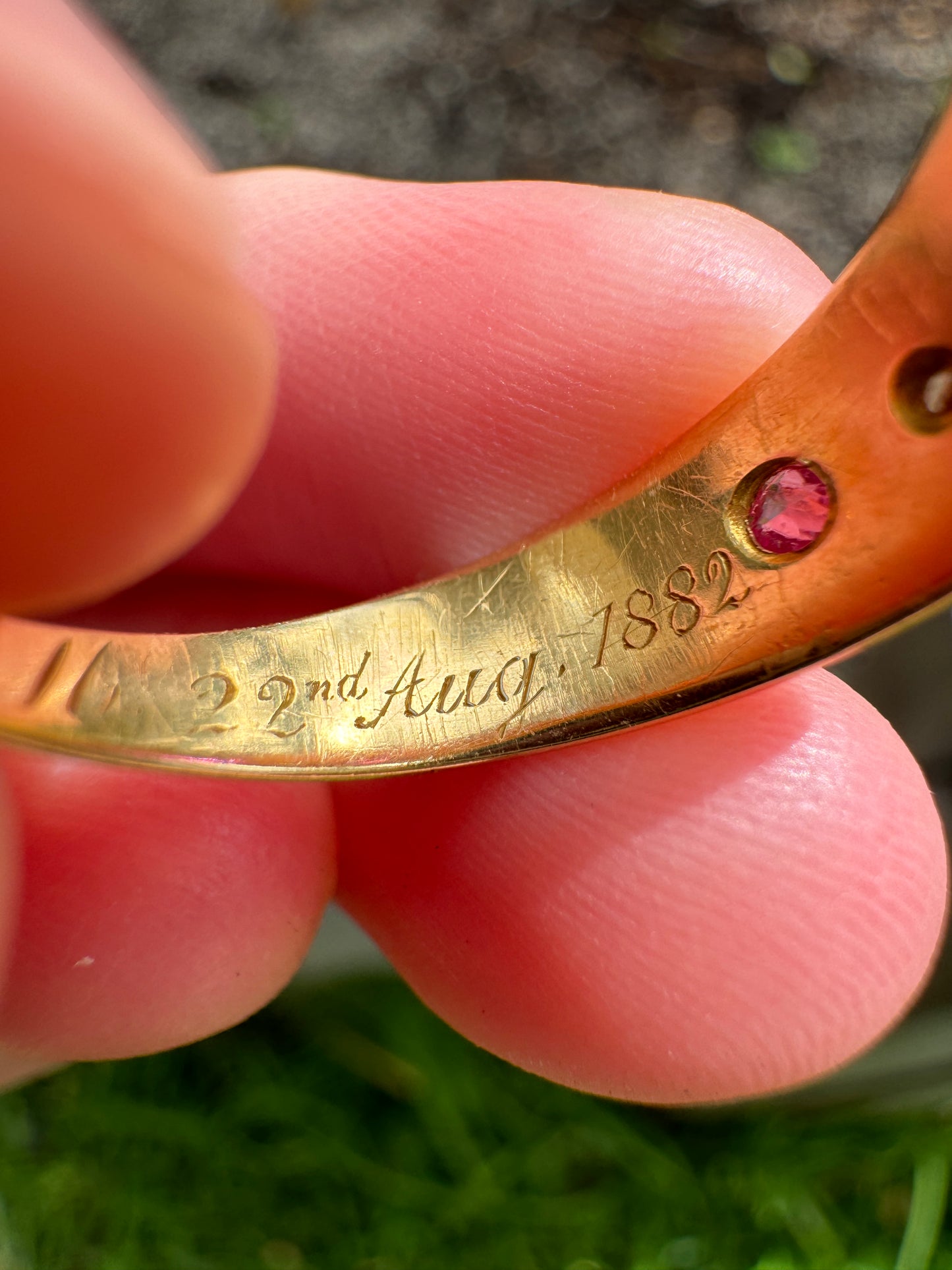 Antique Victorian 18ct yellow gold five stone rose cut diamond and pink sapphire gypsy ring