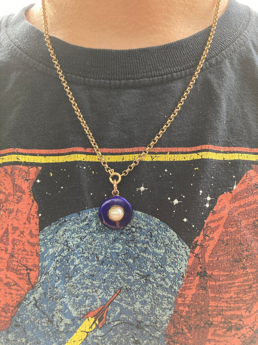 Vintage 9ct gold split pearl and blue enamel pendant