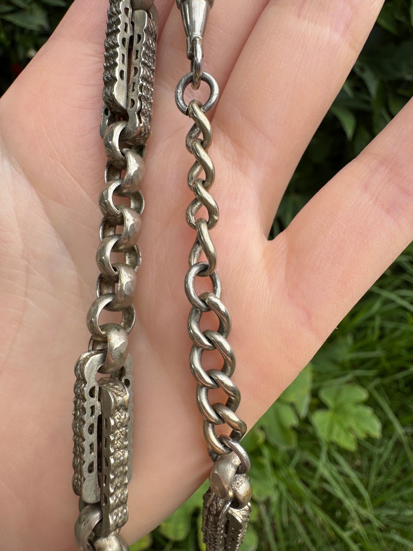 Antique albo silver fancy link chain with dog clips, 42cm / 16.54 inches long