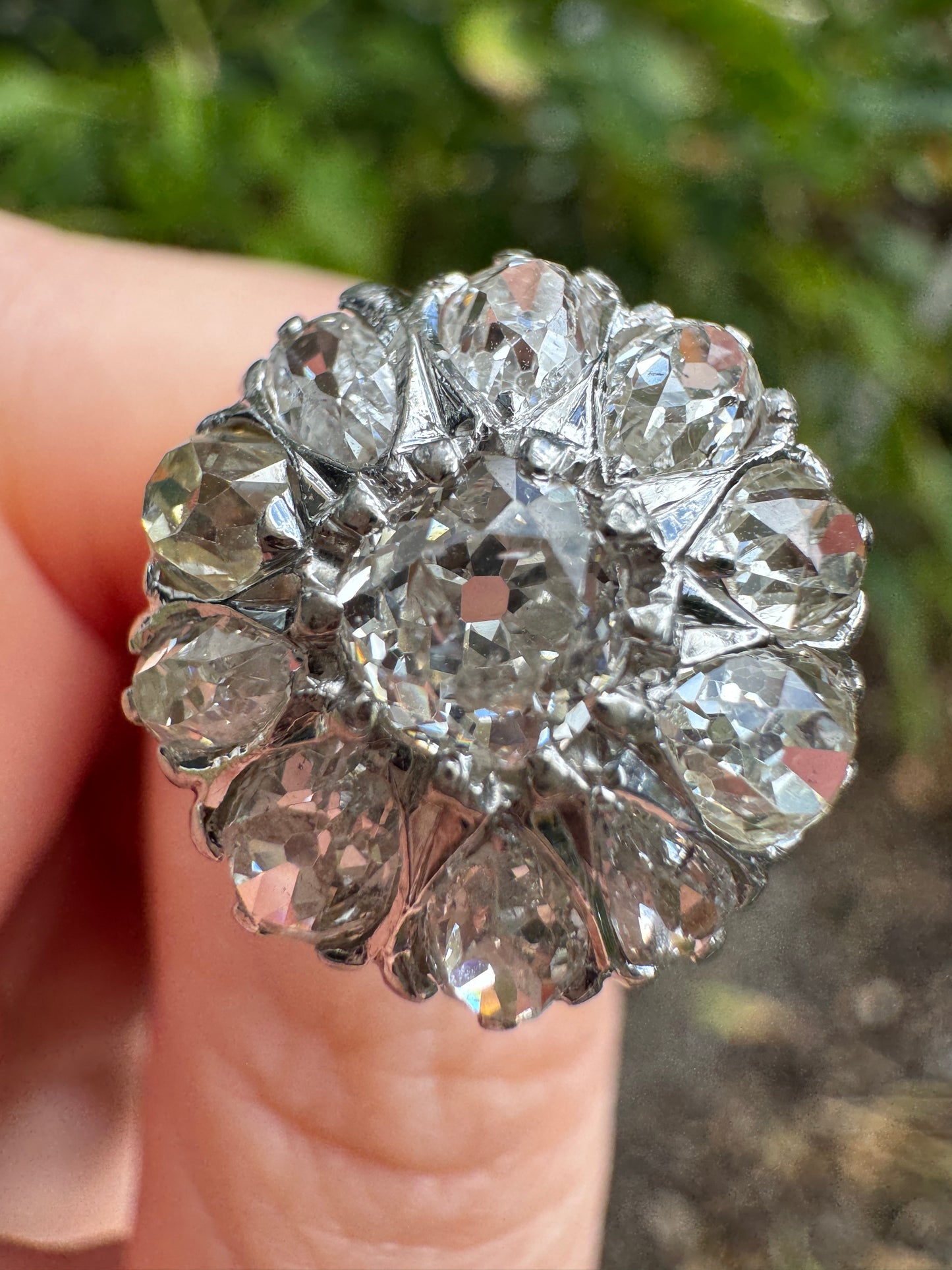 Vintage 14ct yellow gold and platinum 3.4ct TCW old pear cut and old mine cut diamond cluster ring