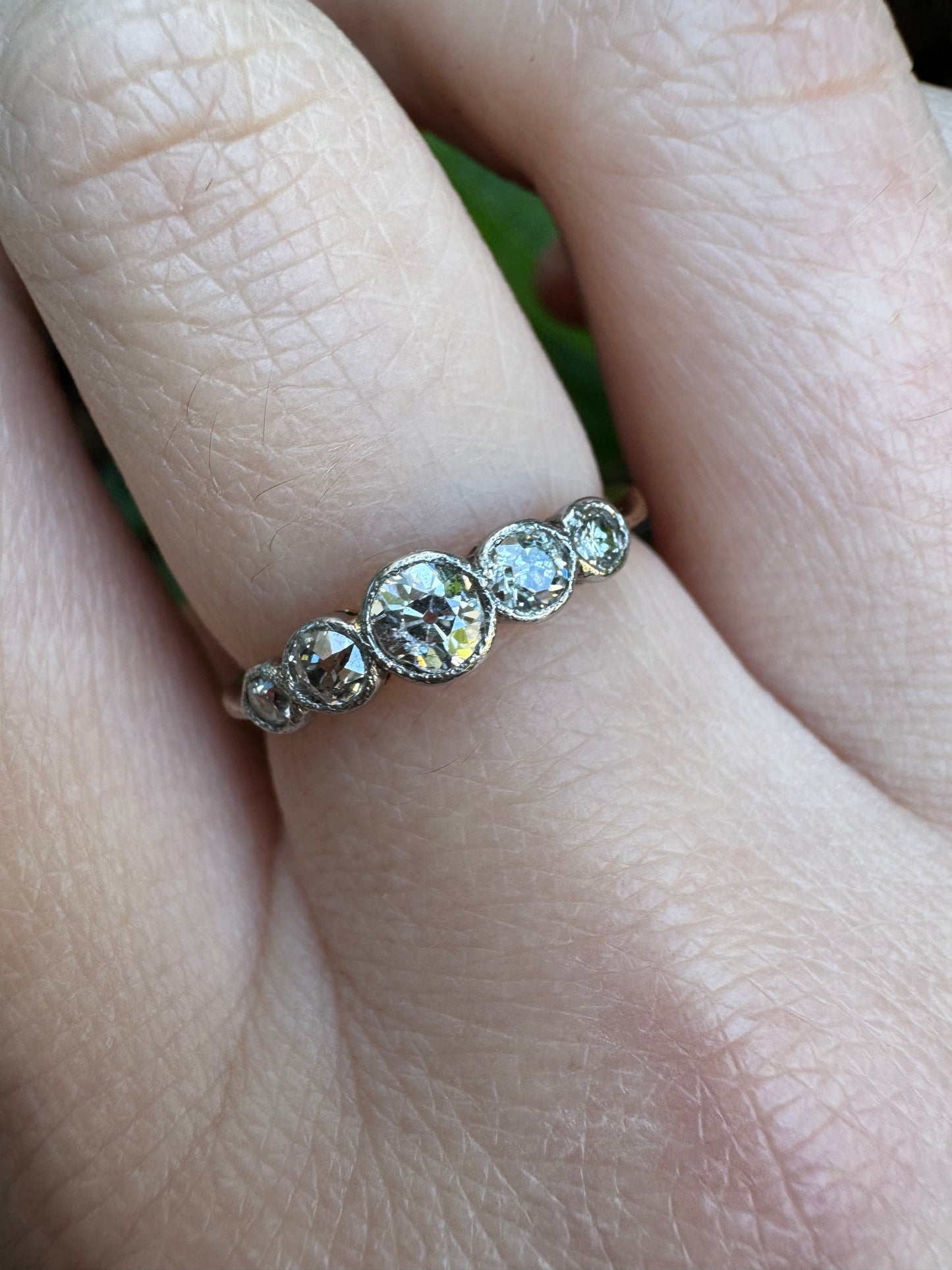 Antique 18ct yellow gold five stone 0.5ct TCW old mine cut diamond bezel set ring