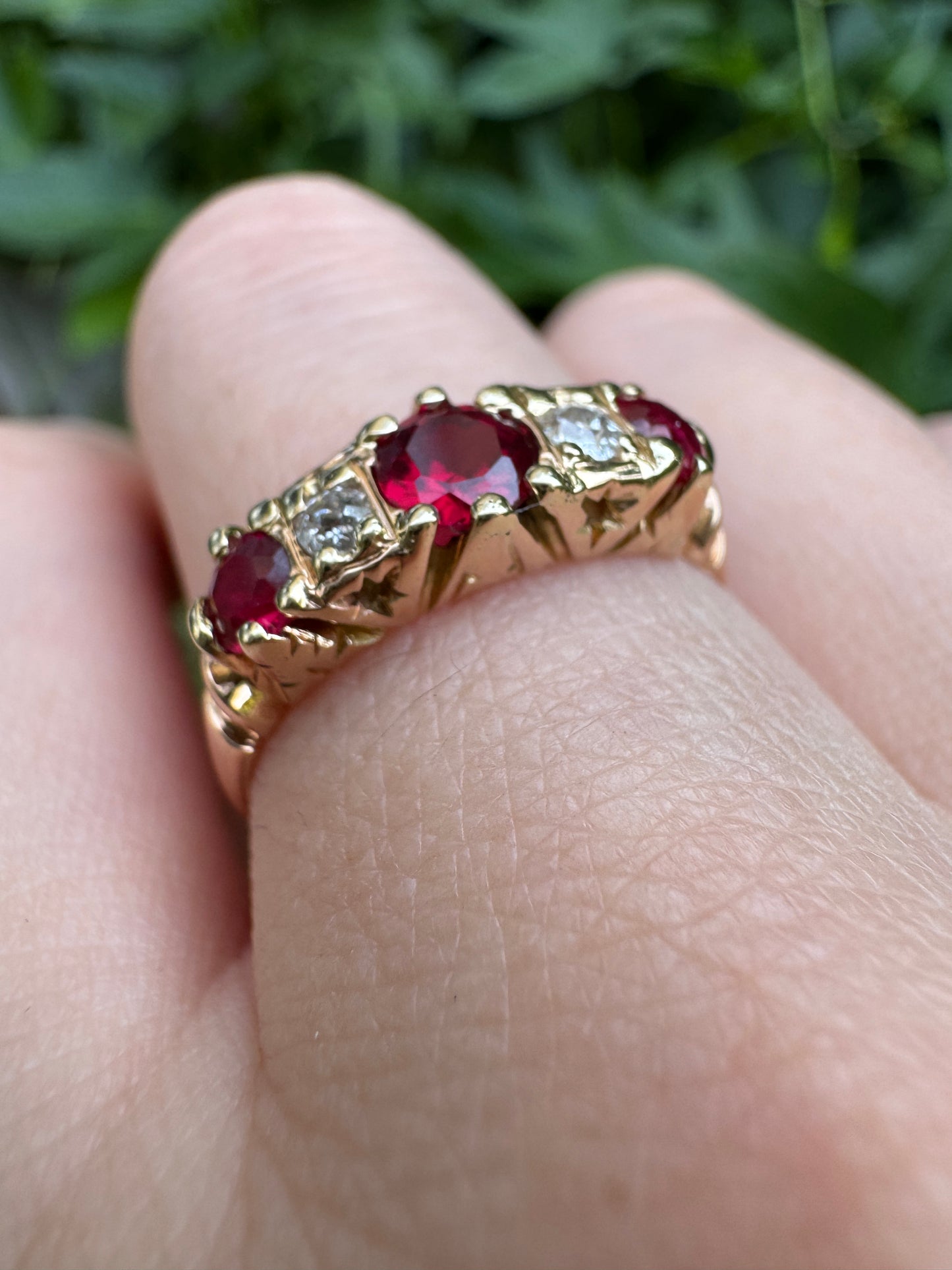 Antique Australian 15ct rosy yellow gold five stone synthetic ruby and old mine cut diamond ring