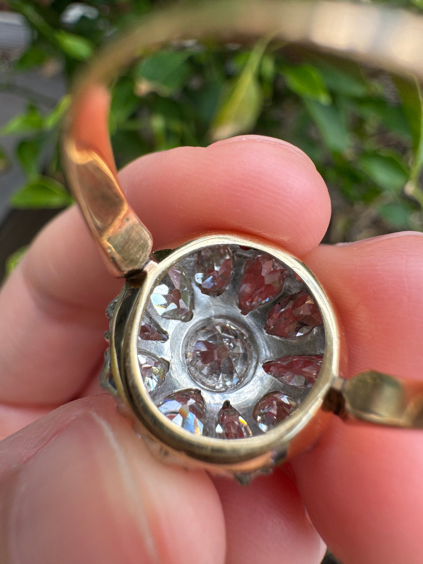 Vintage 14ct yellow gold and platinum 3.4ct TCW old pear cut and old mine cut diamond cluster ring