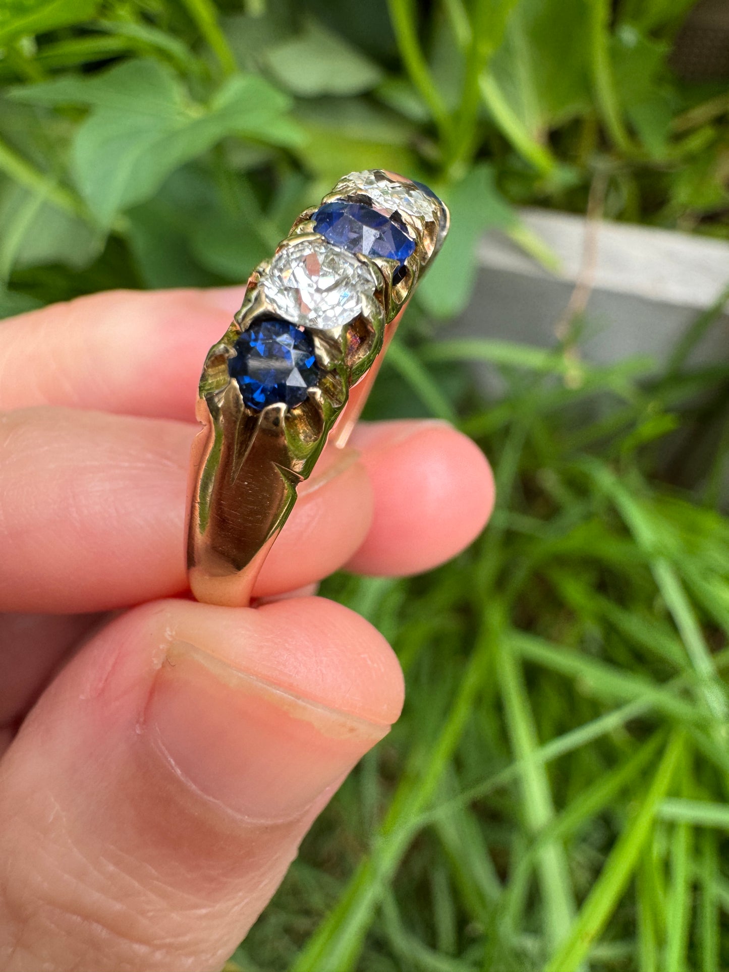 Antique 15ct yellow gold five stone 0.75ct TCW sapphire and 0.6ct TCW old mine cut diamond ring