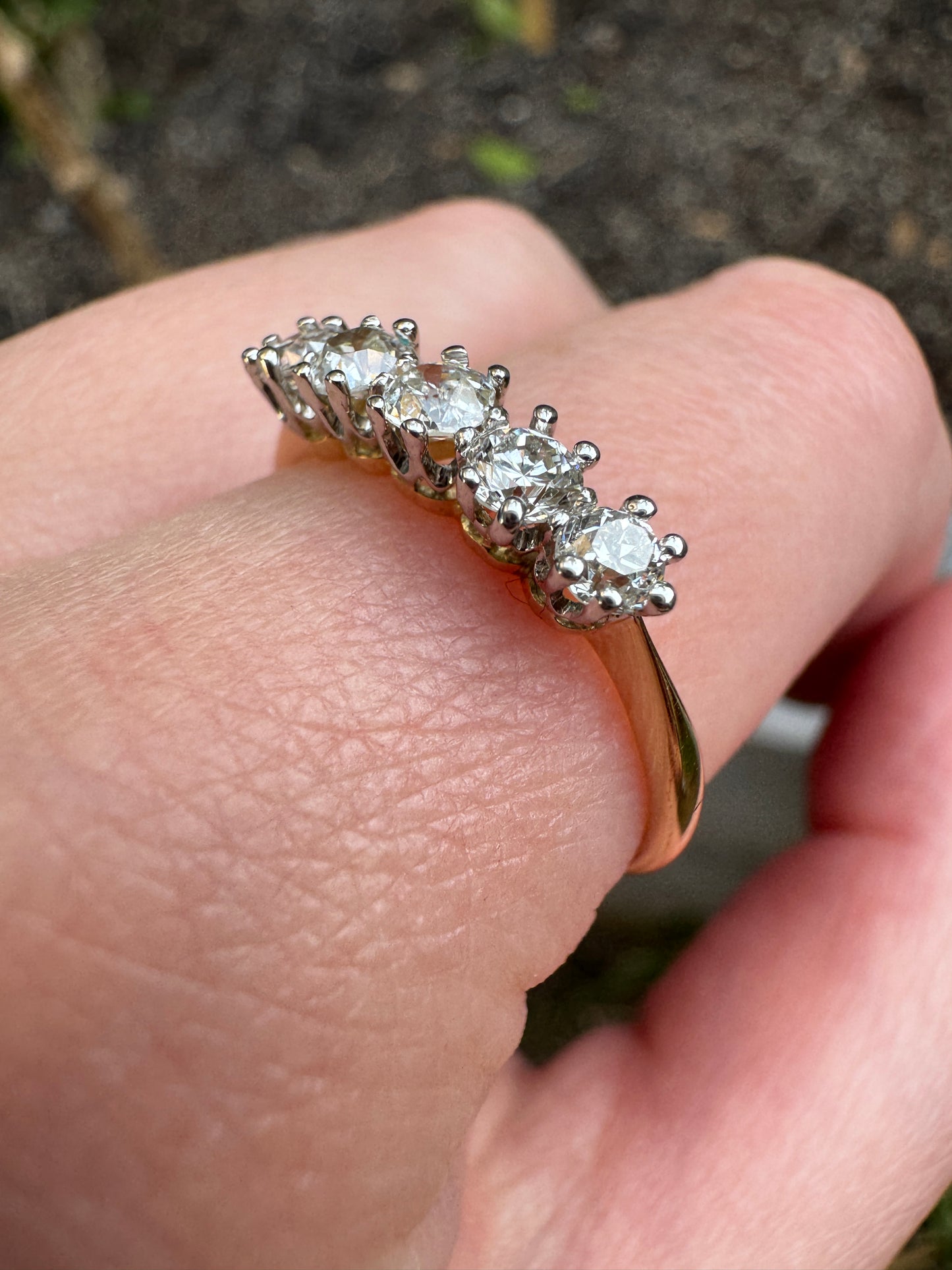 Vintage 18ct yellow and white gold five stone 0.6ct TCW old mine and old European cut diamond ring