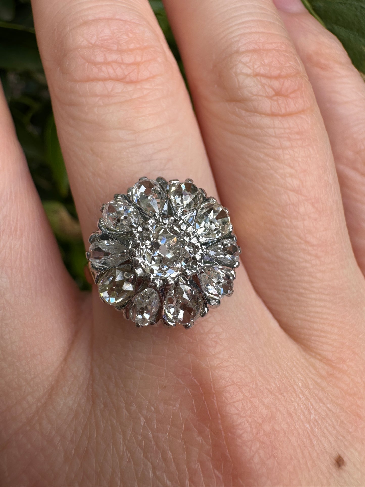 Vintage 14ct yellow gold and platinum 3.4ct TCW old pear cut and old mine cut diamond cluster ring