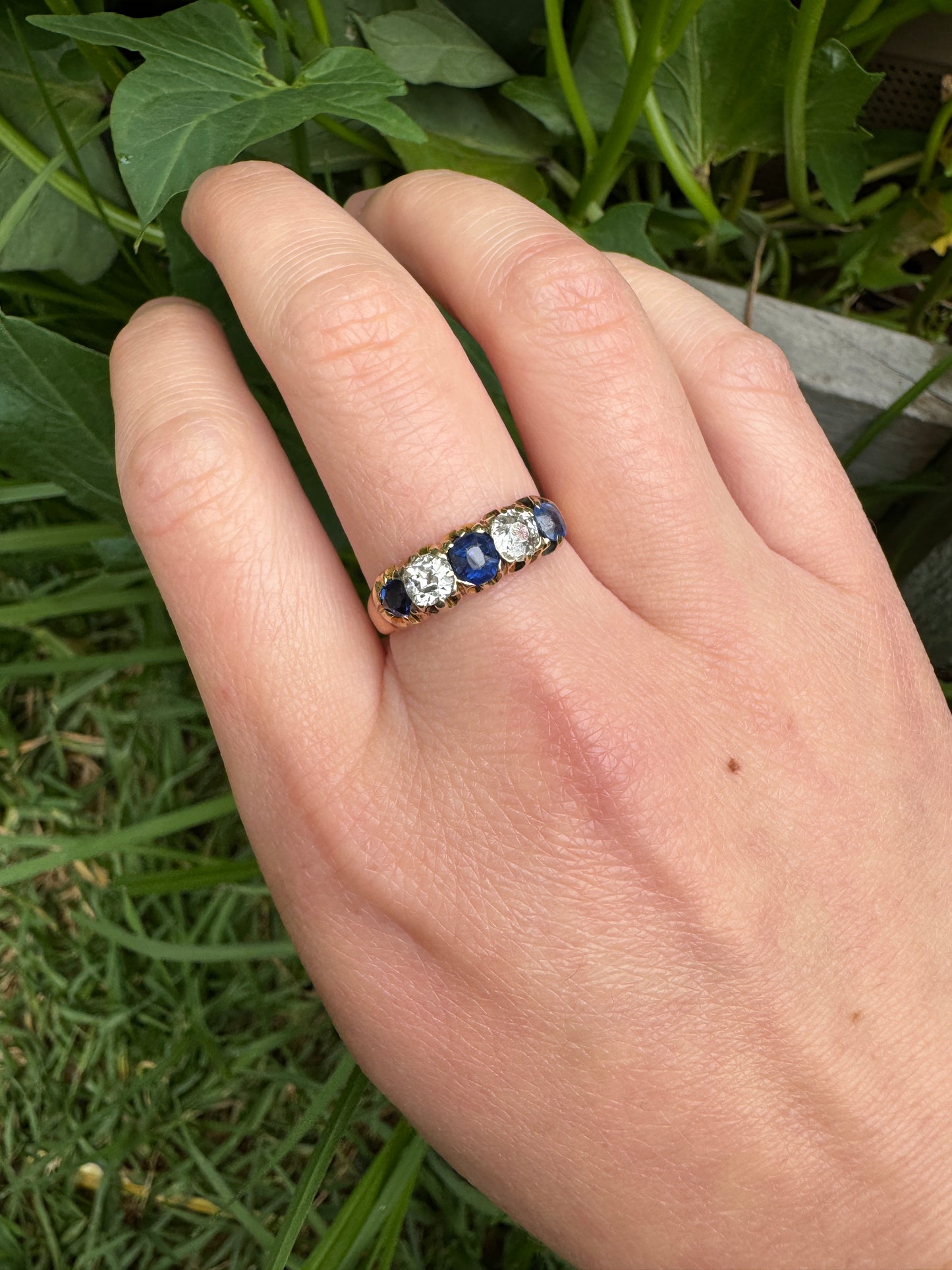Antique 15ct yellow gold five stone 0.75ct TCW sapphire and 0.6ct TCW old mine cut diamond ring