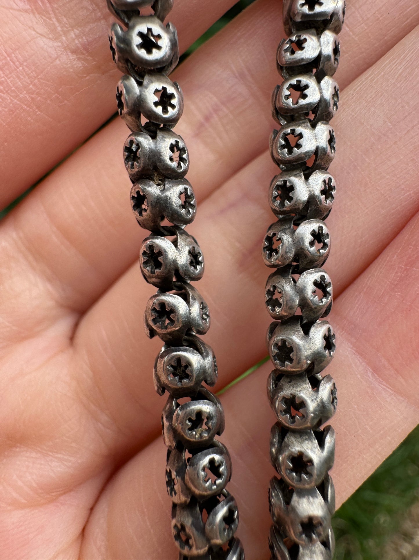 Antique sterling silver star pierced chain with dog clip, 33cm / 12.99 inches long