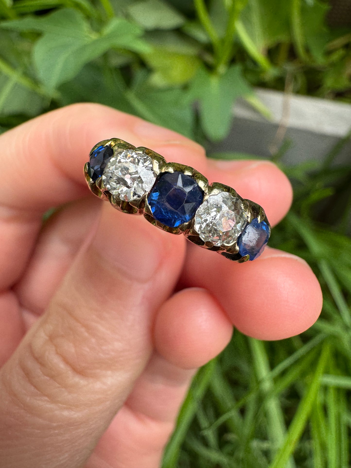 Antique 15ct yellow gold five stone 0.75ct TCW sapphire and 0.6ct TCW old mine cut diamond ring